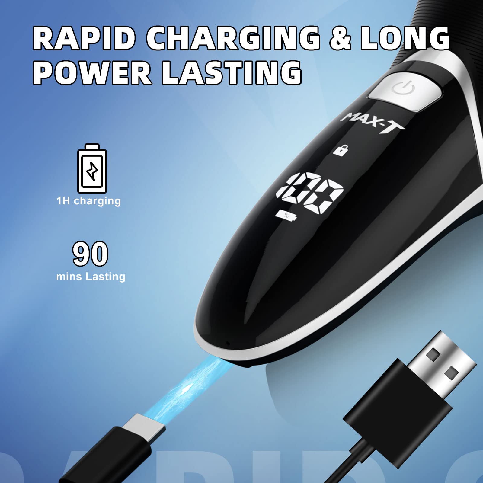 Electric Shaver Razor For Men, Max T Quick Rechargeable Wet Dry Rotary Shaver With Pop Up Trimmer And Led Display, Ipx7 100% Wat