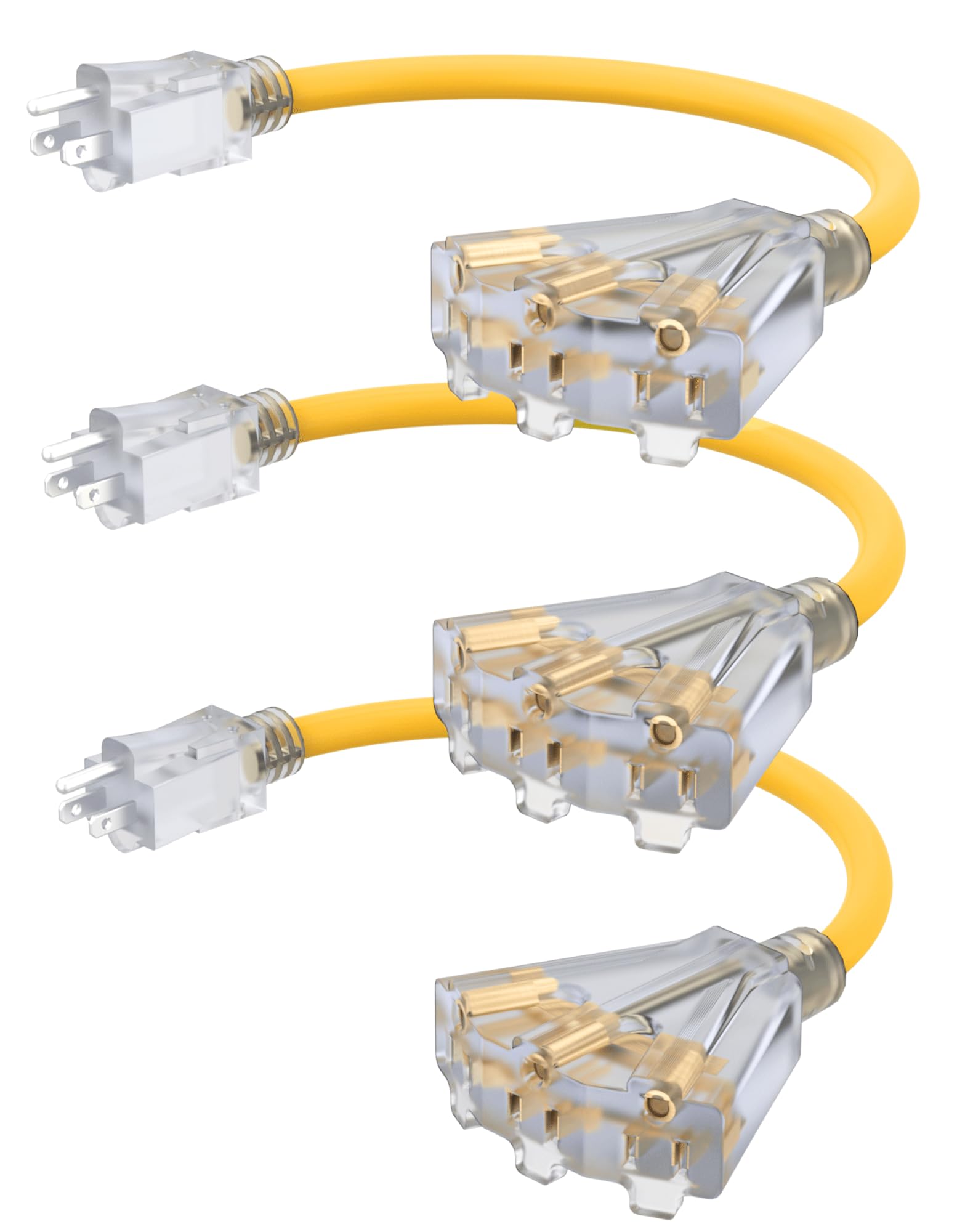 2Ft 12 Gauge Outdoor Extension Cord With 3 Outlets, 3Pack, Heavy Duty 3 Prong Extension Cord Waterproof With Lighted End, 15A 12