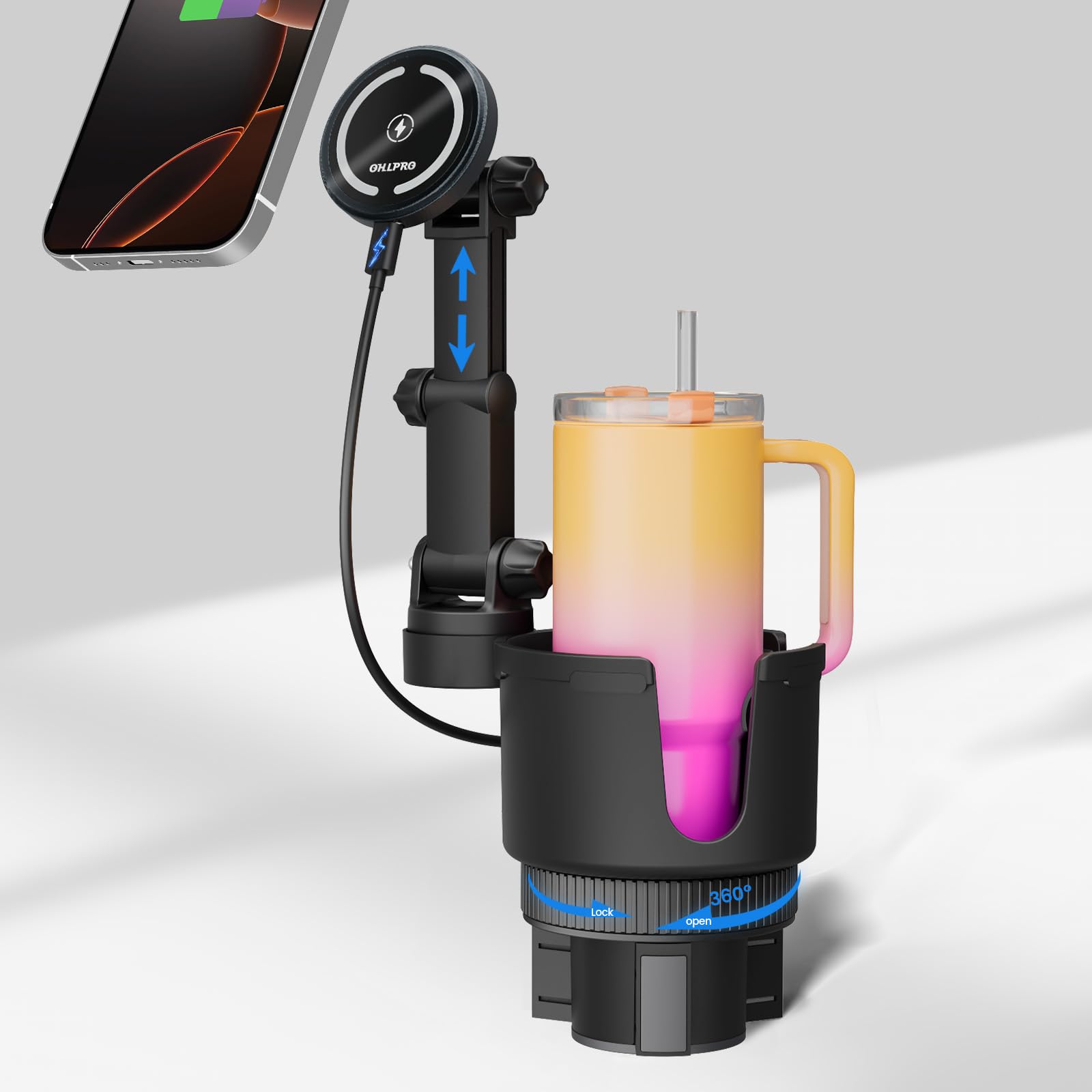 Ohlpro For Magsafe Car Charger Cup Holder Mount, 15W Fast Wireless Magnetic Charging Phone Holder For Iphone 16 15 14 13 12 Seri