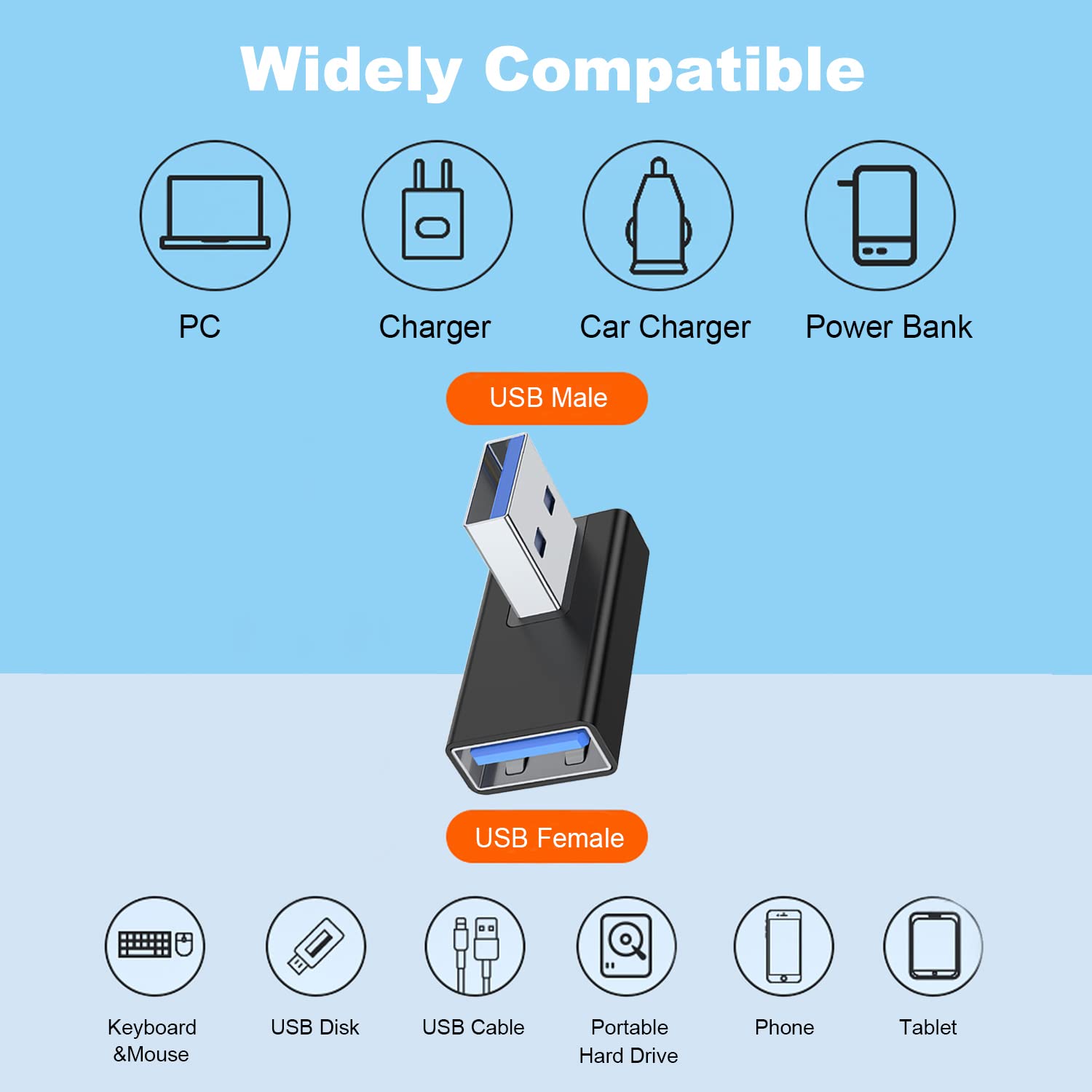 Areme 90 Degree Usb 3.0 Adapter 2 Pack, Right Angle Usb A Male To Female Converter Extender For Pc, Laptop, Usb A Charger, Power Bank And More (Black)