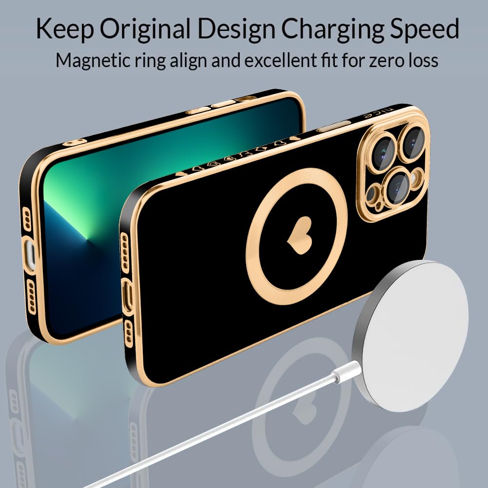 Tharlet Magnetic Shockproof For Iphone 13 Pro Case [Compatible With Magsafe] Cute Love Luxury Plating Edge Bumper Case With Full