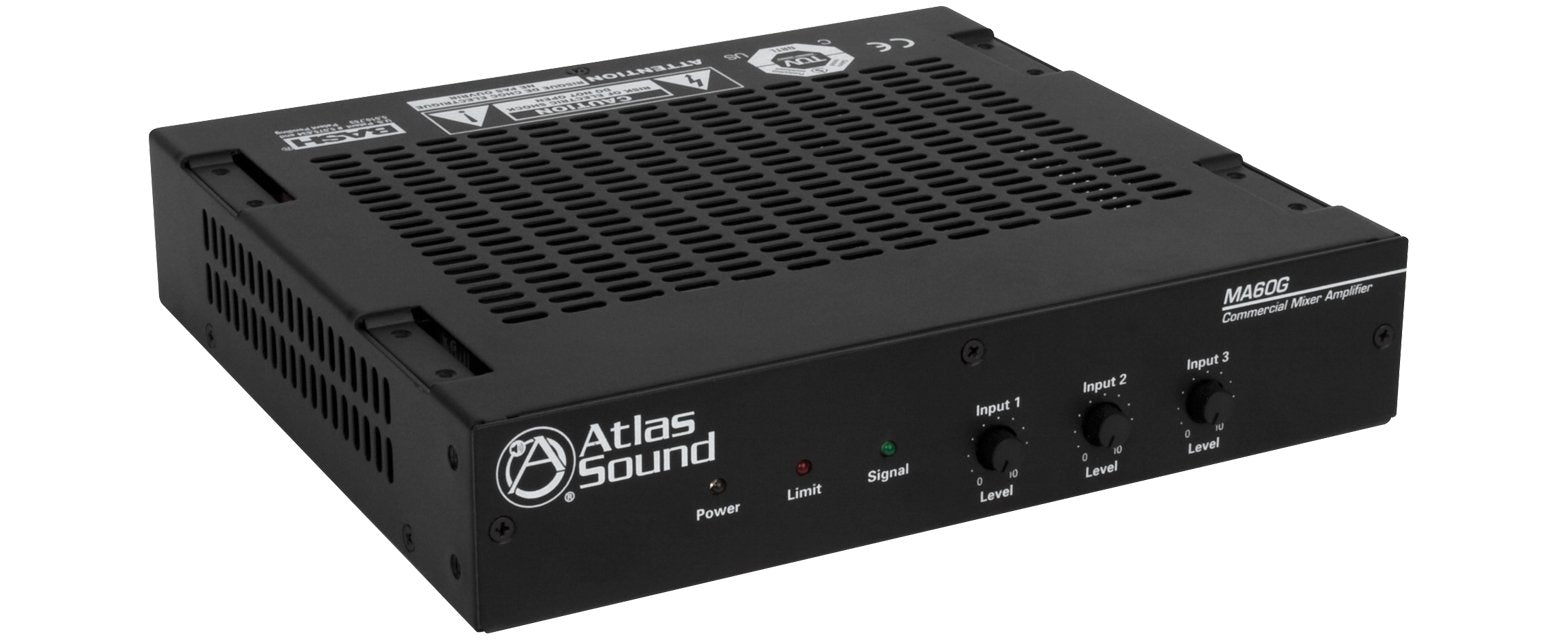 Atlas Sound MA60G Global Mixer Amplifier 3 Channel 60 Watt Balanced MicLineTel Input