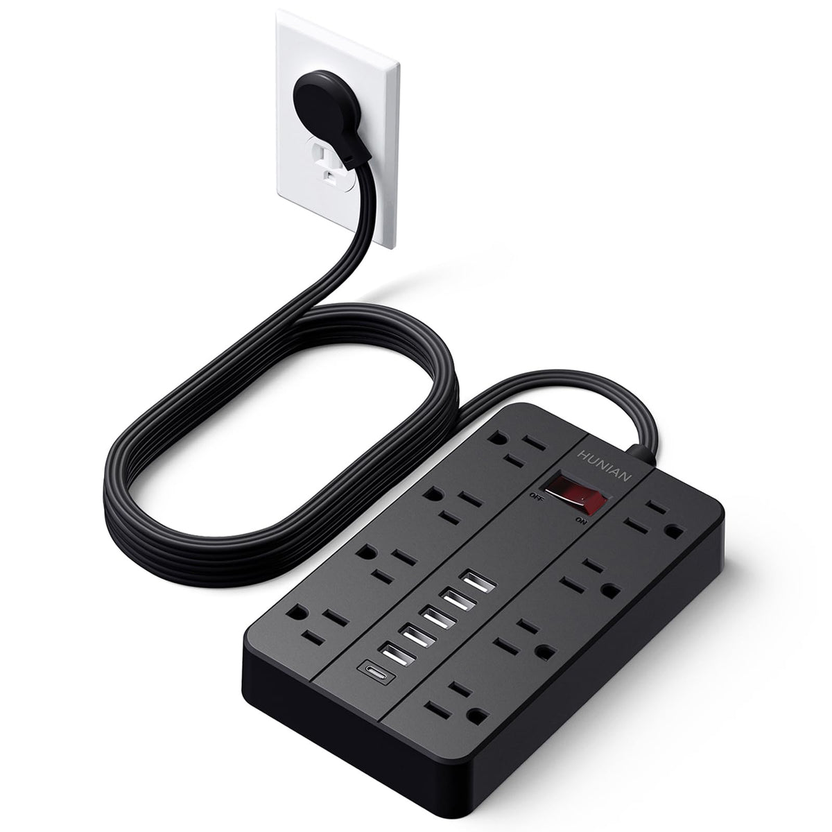 Power Strip Surge Protector, Hunian Flat Plug 10 Ft Long Extension Cord With 8 Widely Spaced Outlets 6 Usb (1 Usb C Port), Wall