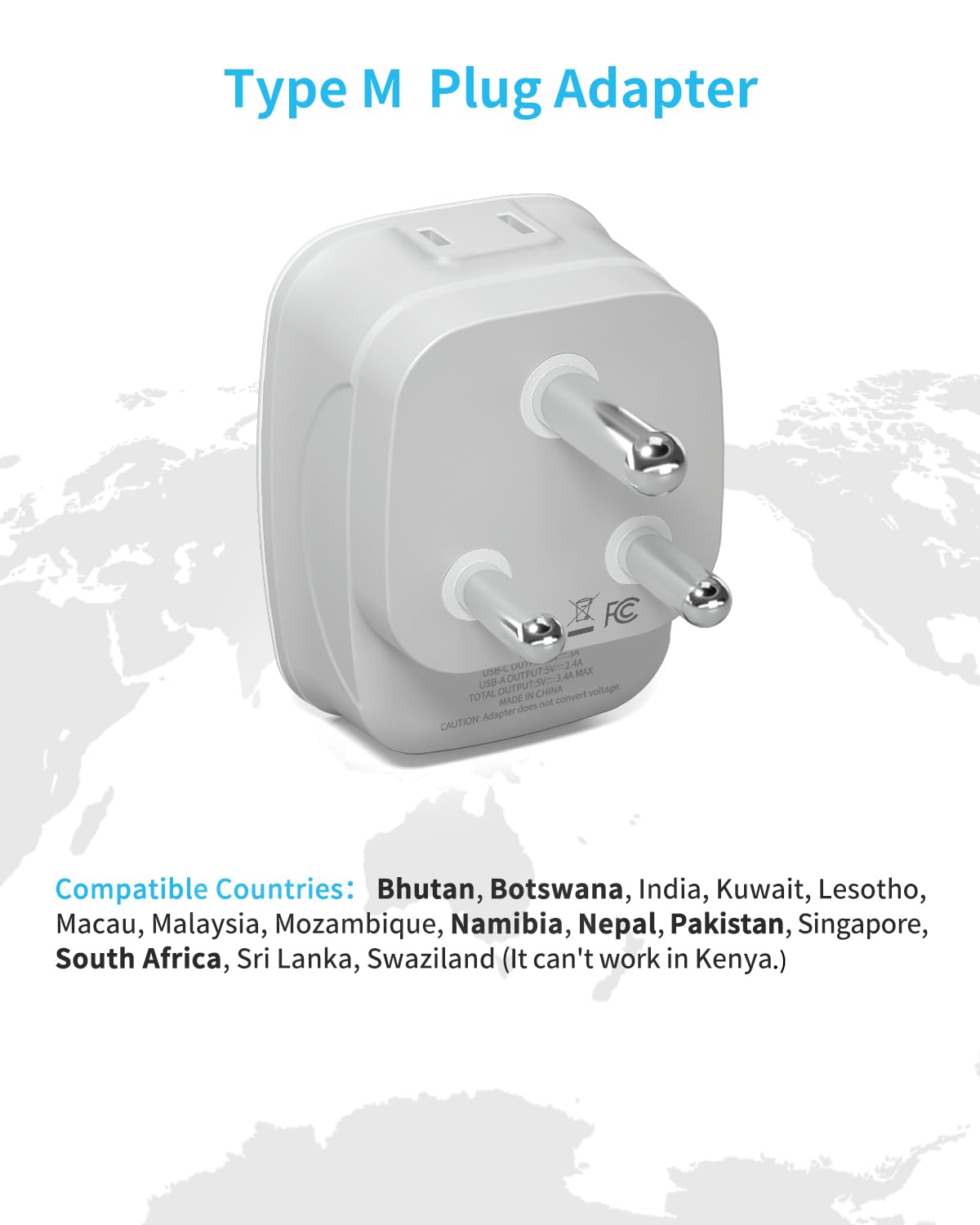 [2 Pack] South Africa Power Adapter,Vintar Type M Plug Adapter With 1 Usb C,3 Usb Ports And 2 American Outlets,6 In 1 South Afri