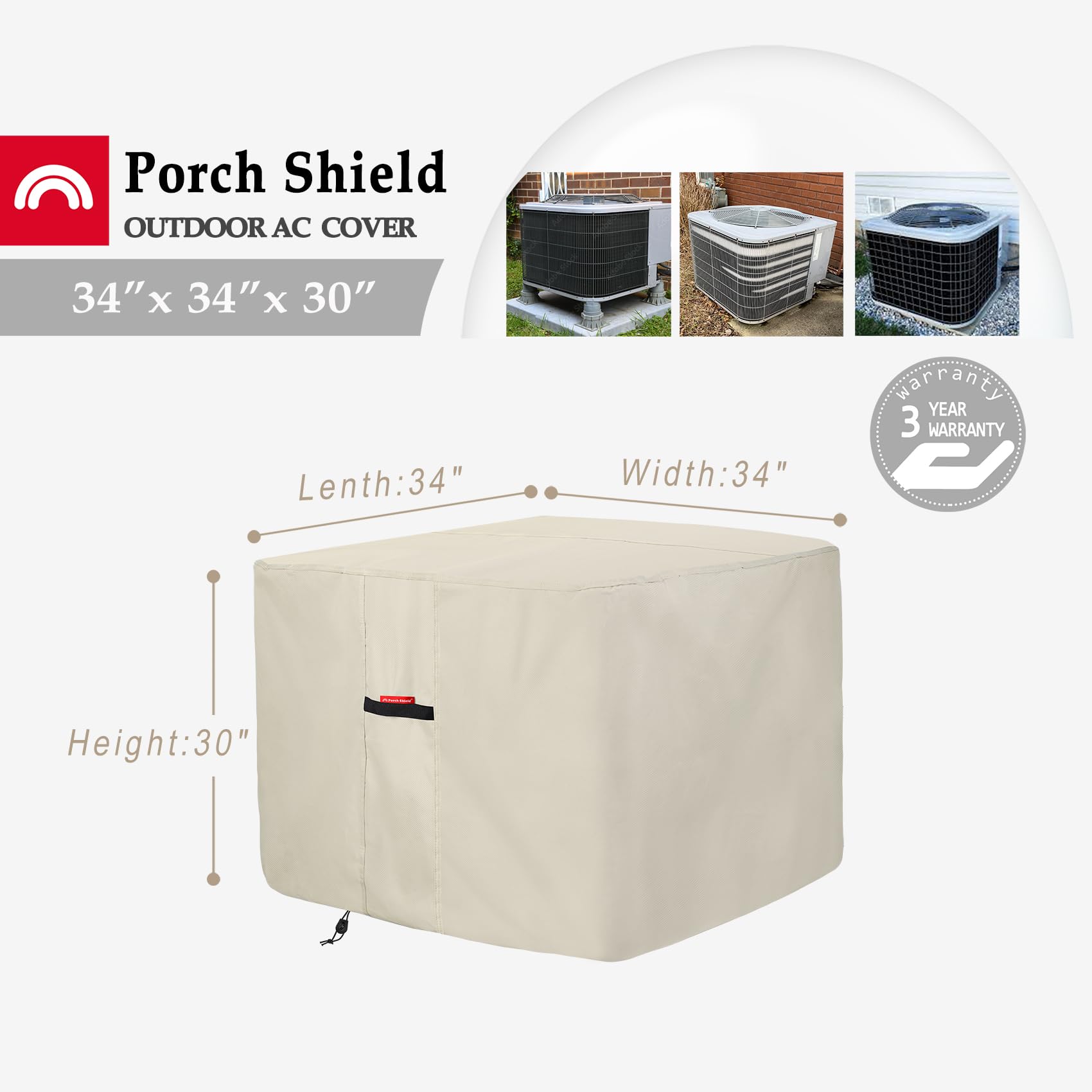 Porch Shield 600D Waterproof Air Conditioner Covers For Outside Units Square Ac Cover Tan   34 X 34 X 30 Inch