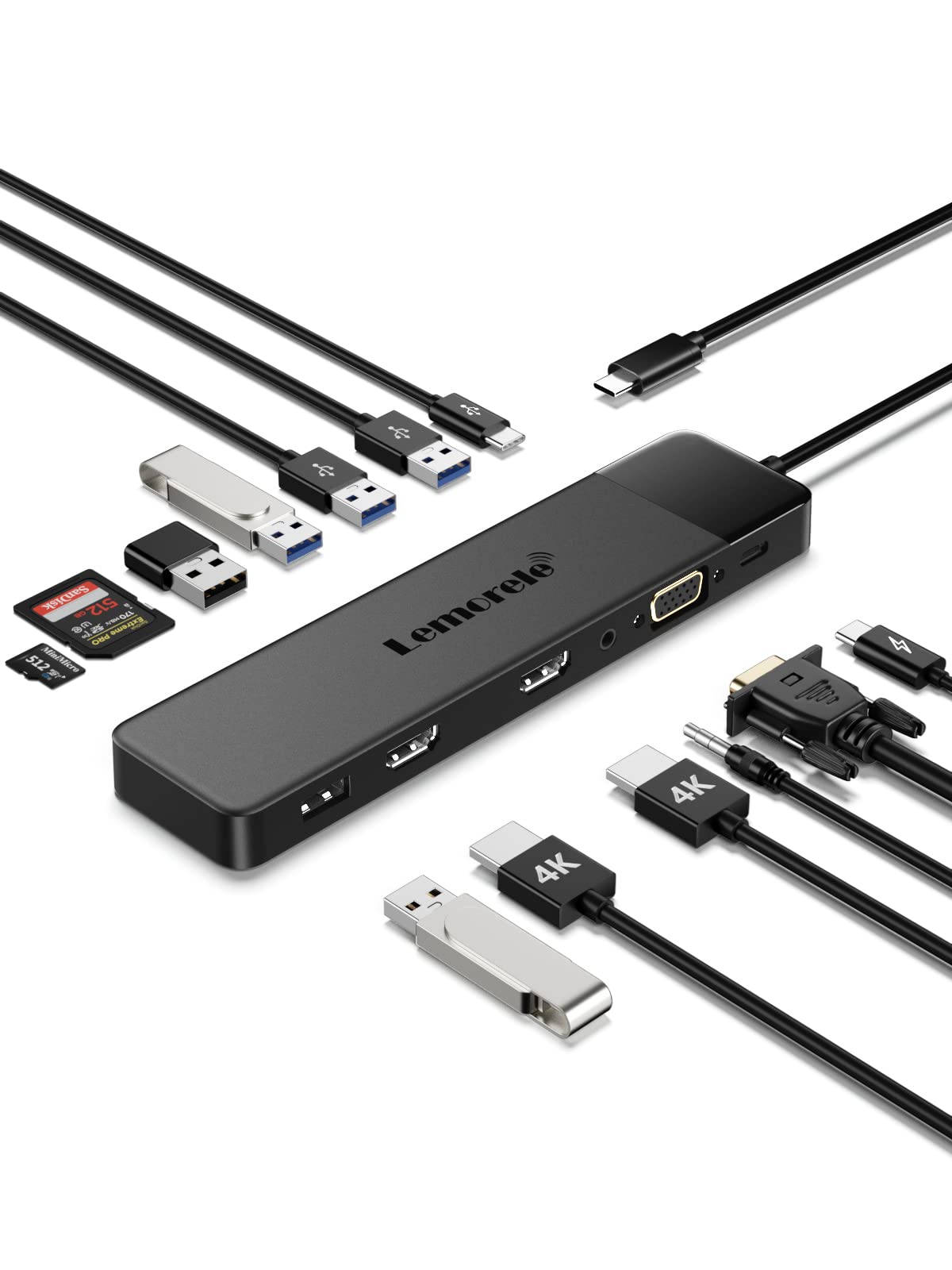 Lemorele 13 In 1 Usb C Docking Station Triple Monitor W/Dual Hdmi 4K, Vga, 5 Usb 3.0/2.0, Usb C 3.0, 100W Pd, Sd/Tf, 3.5Mm Audio
