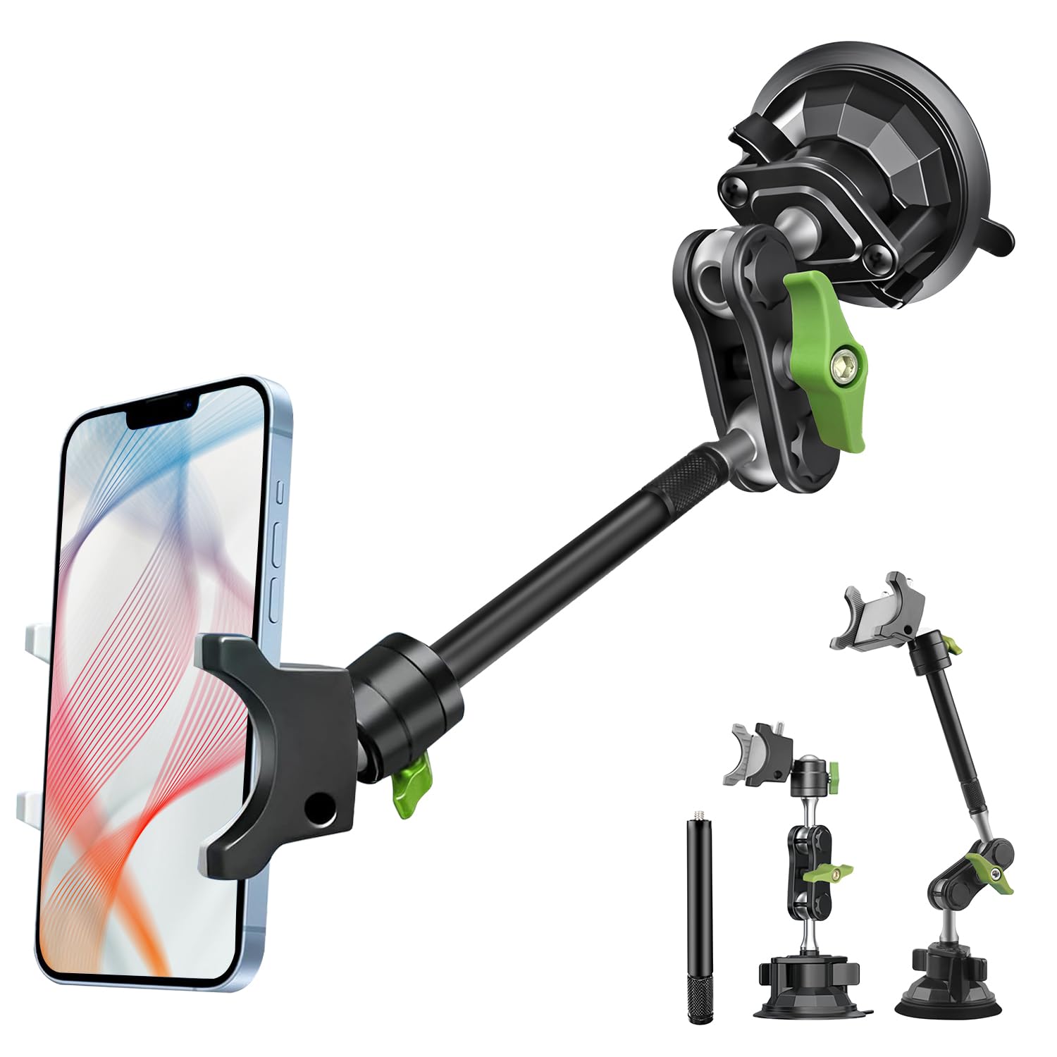 Hemmotop Suction Cup Car Phone Mount, 12 In Heavy Duty Metal Cell Phone Holder For Windshield, 360 Rotation Vacuum Magic Arm For