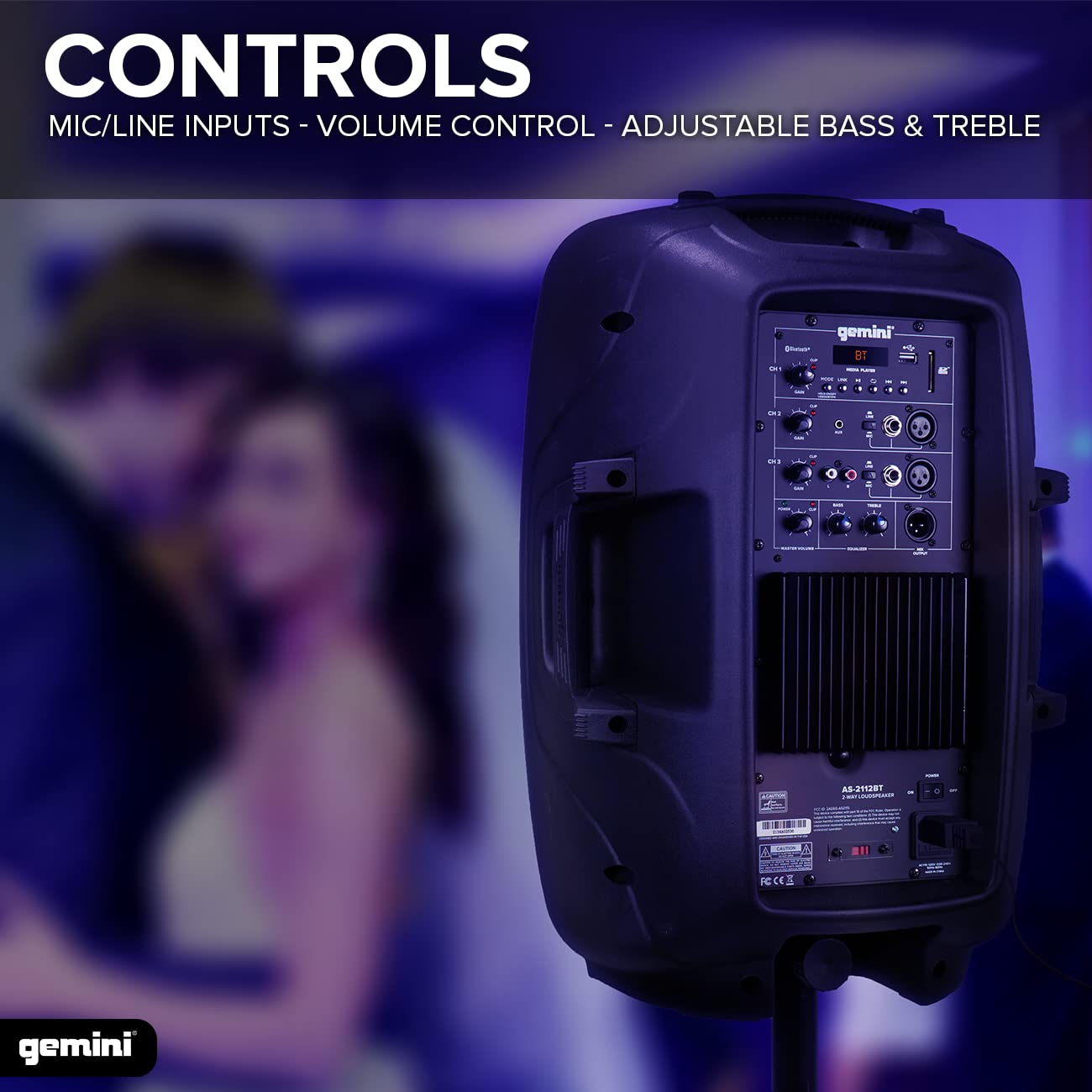 Gemini Sound As 2112Bt Active 12 Inch Woofer 1500W Watt Dj Monitor Powered Amplified Pa Speakers System With Bluetooth, Wireless Stereo Pairing, Onboard 2 Channel Mixer, Handles, Portable Fly Points