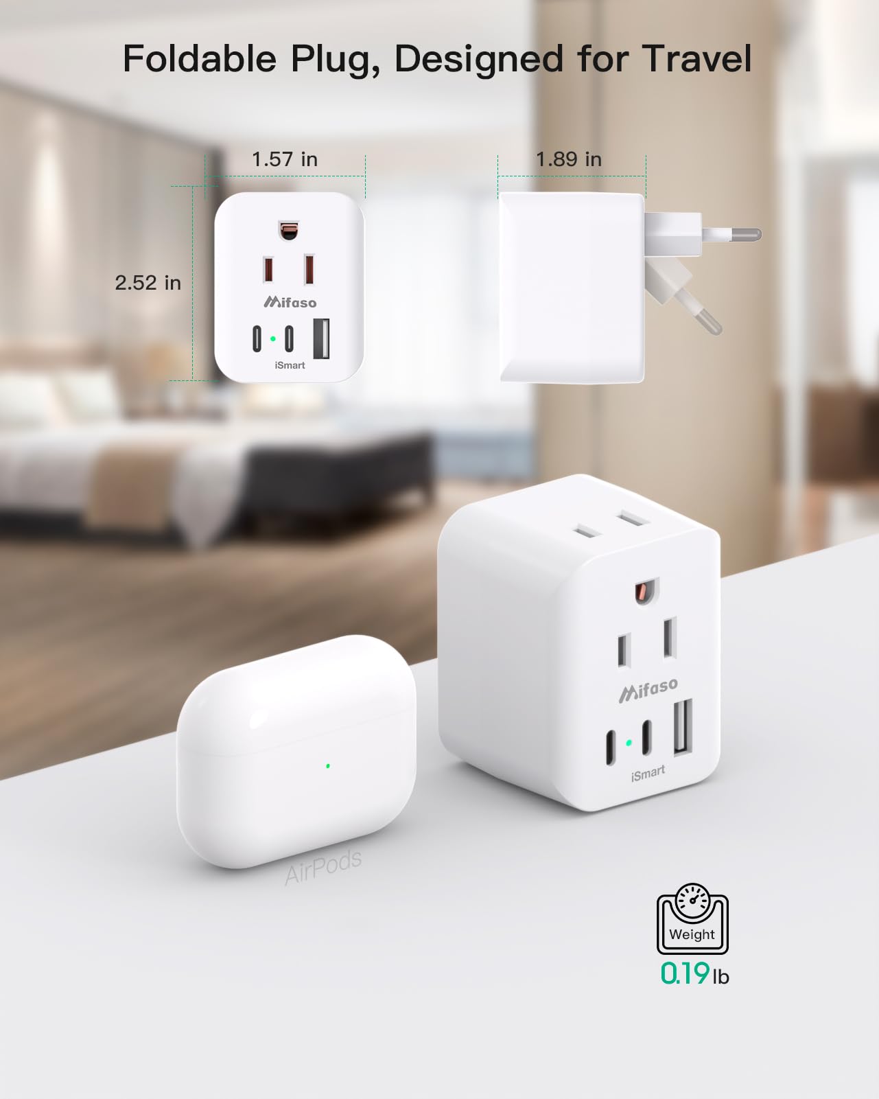 European Travel Plug Adapter, Foldable International Power Plug Adapter With 2 Ac Outlets 3 Usb Charging Ports(2 Usb C), Type C