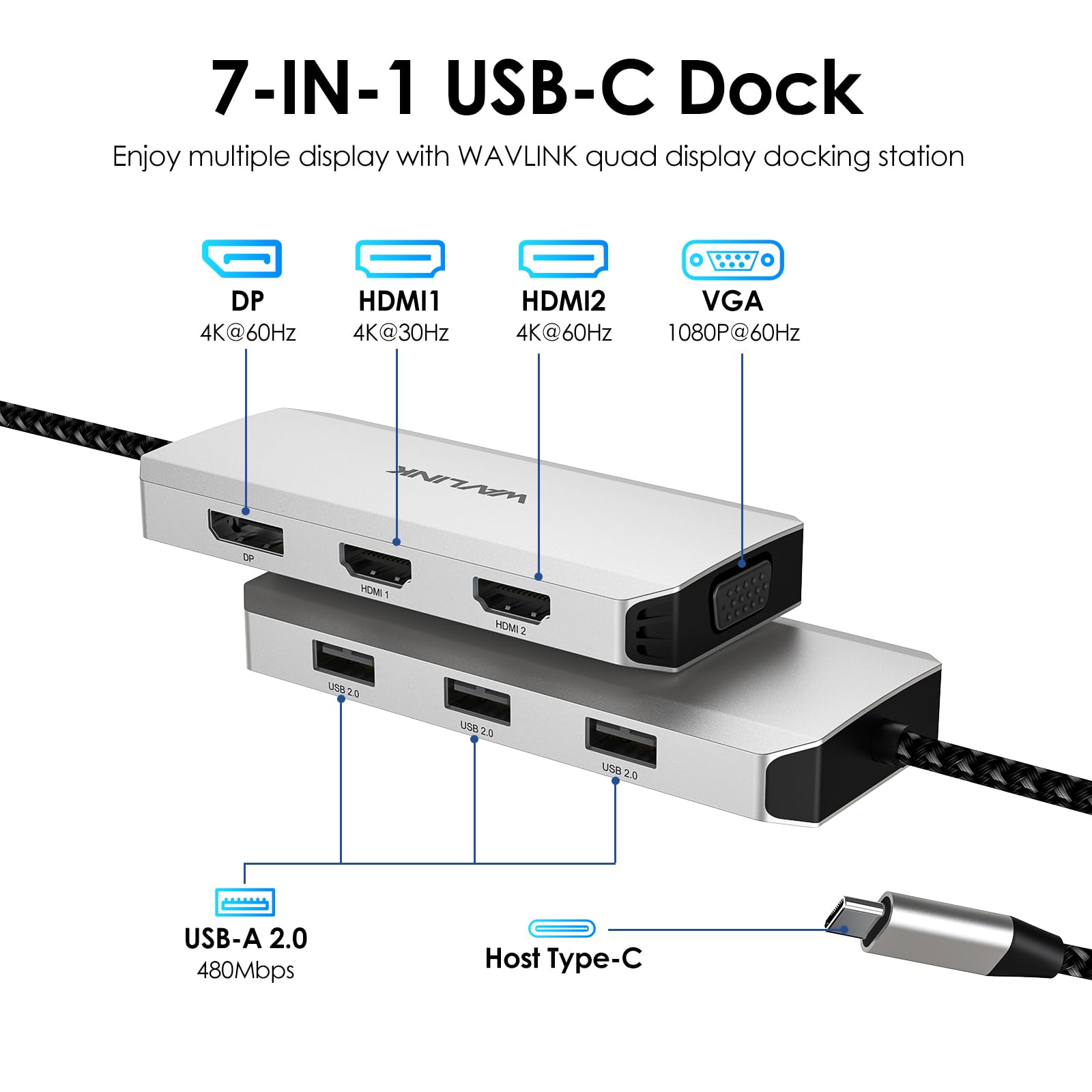 Wavlink Usb C Docking Station For Macbook Dell Xps 13/15, Lenovo Yoga, Hp Laptops, Usb C To Dual Hdmi Monitors For Windows, Usb C Hub Adapter With Dual Hdmi, Displayport, Vga, 3 Usb 2.0 Ports, Silver