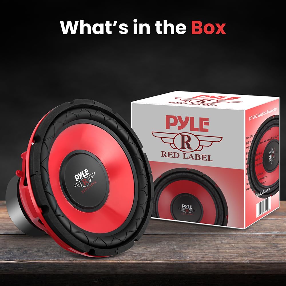 Pyle 10 Inch Car Subwoofer Speaker - Red Electro-Plated Cone, 600W Power, 4 Ohm Impedance, Model PLW10RD