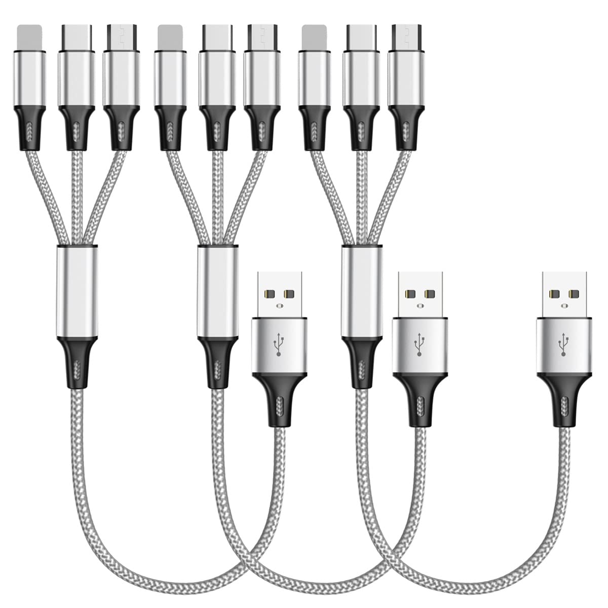 Multi Charging Cable, (3Pack 1Ft) Short Multi Usb Charger Cable Aluminum Braided 3 In 1 Universal Multiple Charging Cord With Ty
