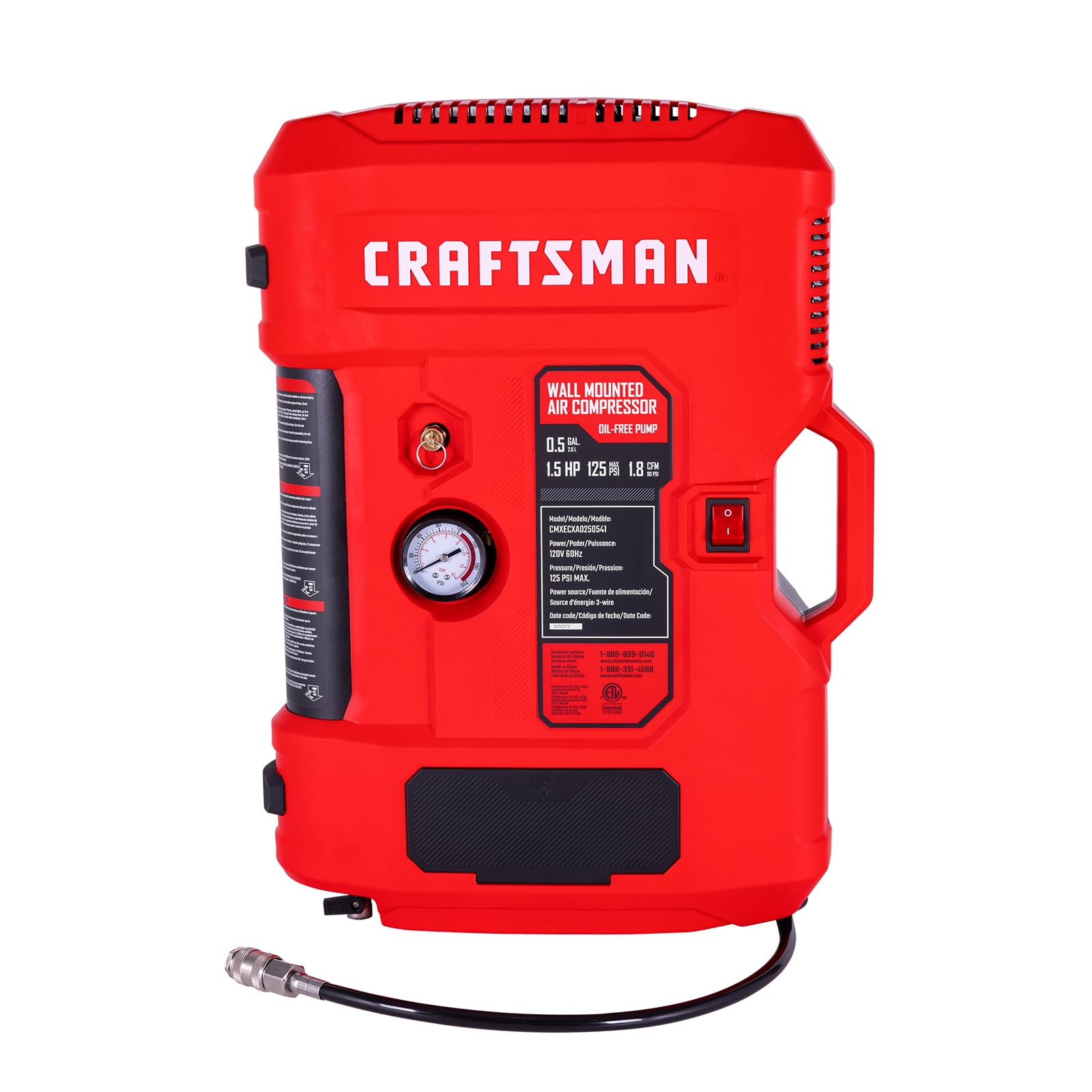 Craftsman Tire Inflator, All In One Wall Mount Air Compressor Oil Free With Retractable 30Ft Air Hose And Pressure Regulator, Gr