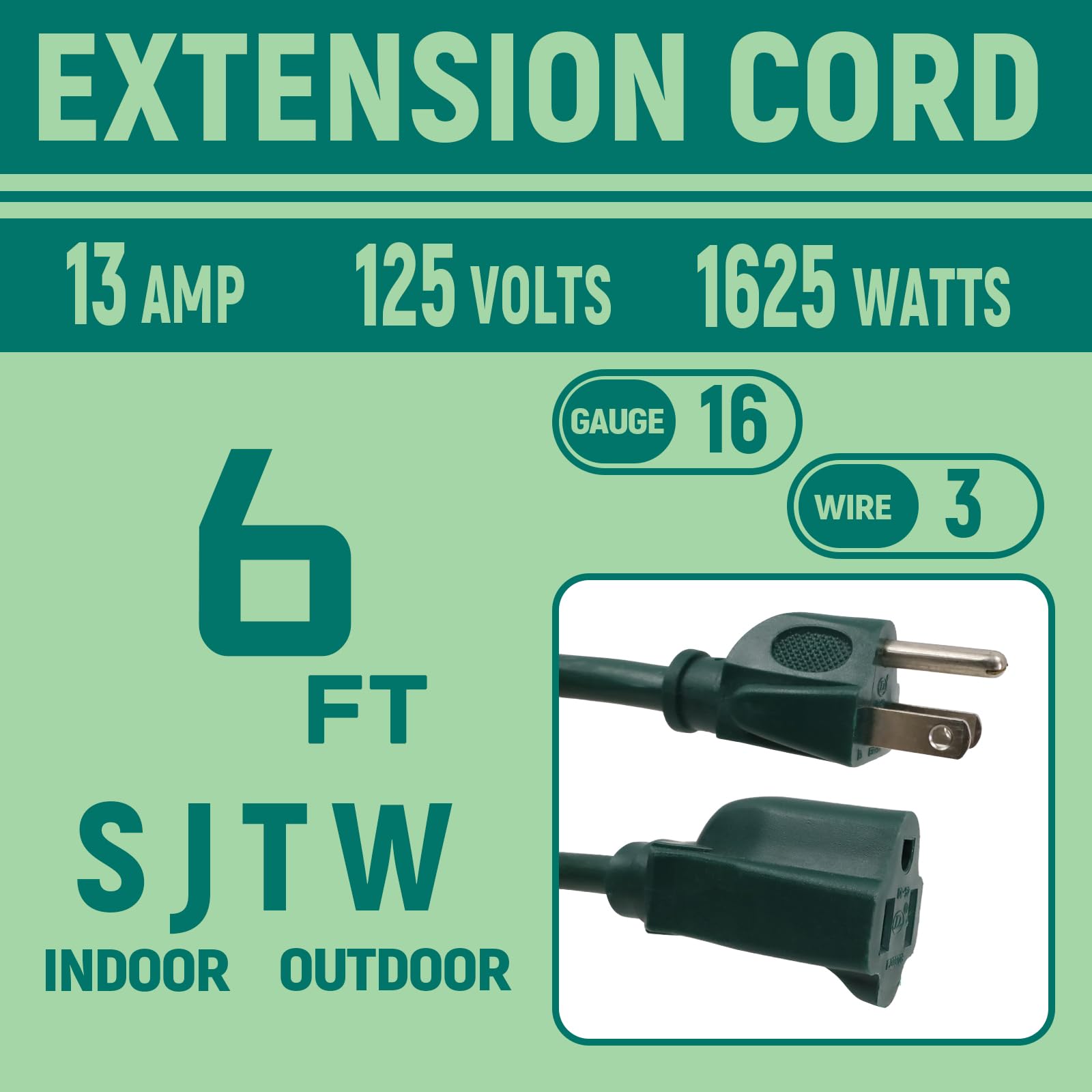 Greenprosper 6 Ft Indoor Outdoor Green Extension Cord, 16 Gauge Waterproof Electrical Power Cable, 16/3 Sjtw 3 Prong Grounded Pl