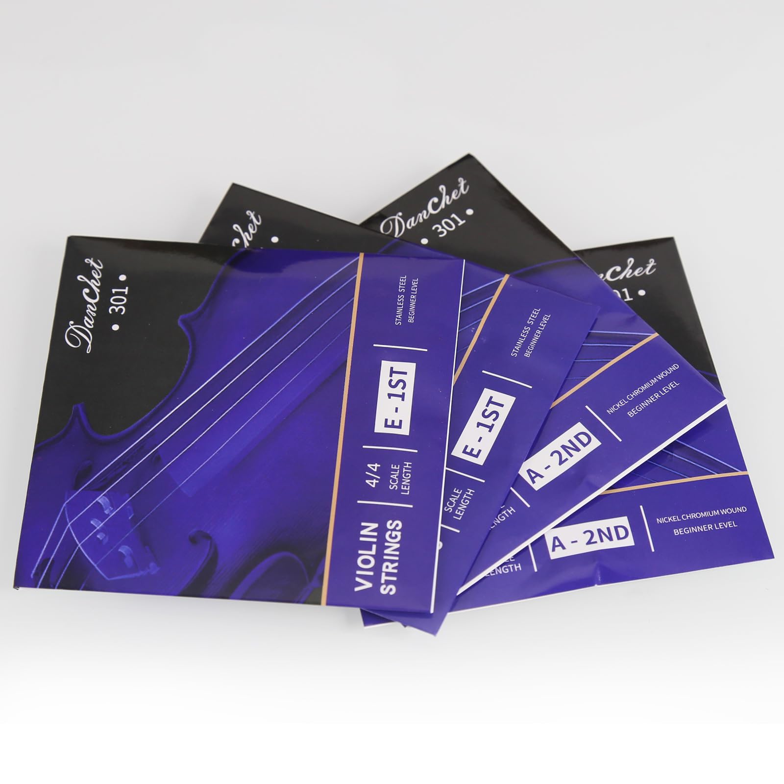 Danchet Violin Strings 4/4 E1. 2 Pcs & A2. 2 Pcs Beginners Level, Ball End, Stainless Steel And Nickel Chromium Wound 301