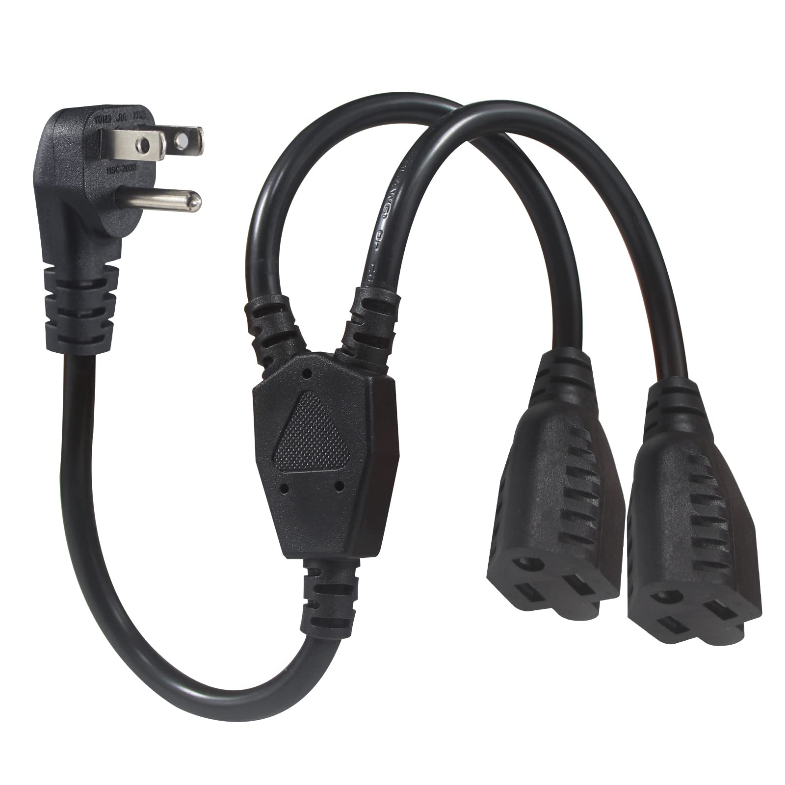 Power Cord Extension Y Splitter   1 To 2 Way Outlet Adapter Nema 5 15P 90 Degree Flat Plug To 2 X Nema 5 15R With Sjt 16Awg 3 Pr