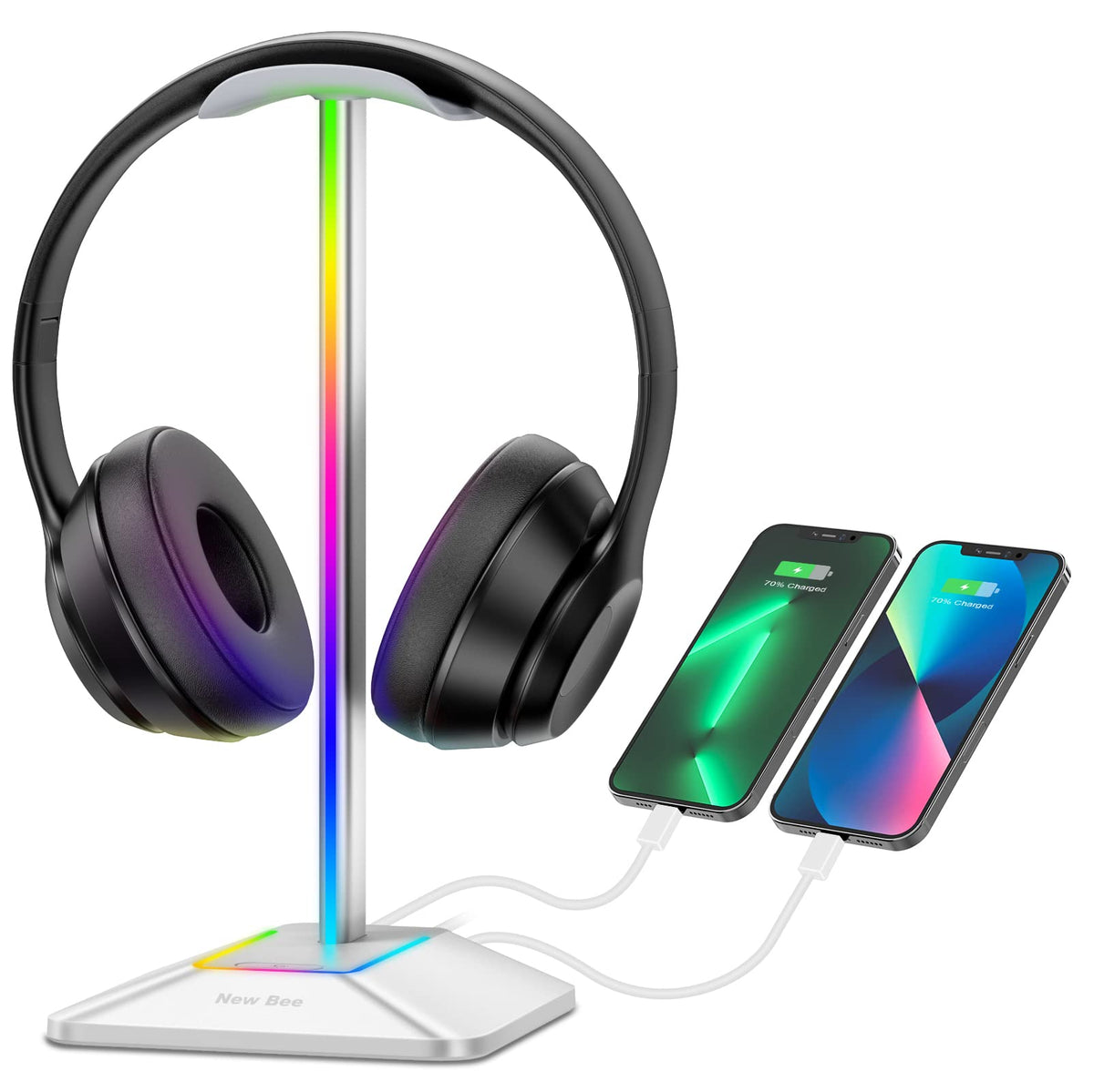New Bee Rgb Headphone Stand With 1 Usb C Charging Port And 1 Usb Charging Port, Desk Gaming Headset Stand With 7 Light Modes And Non Slip Rubber Base Suitable For All Earphone Accessories (Silver)