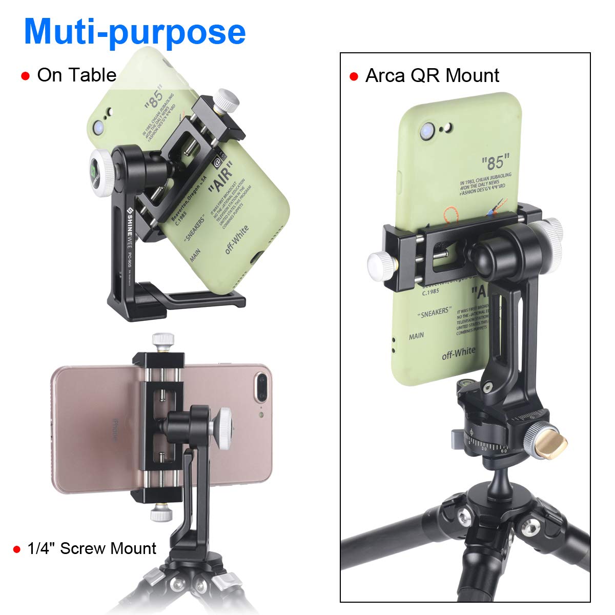 Shinewee Metal Phone Tripod Mount Adapter, Arca Dovetail And 1/4'' Screw Mount,Adjustable Vertical And Horizontal Dock For Samsu