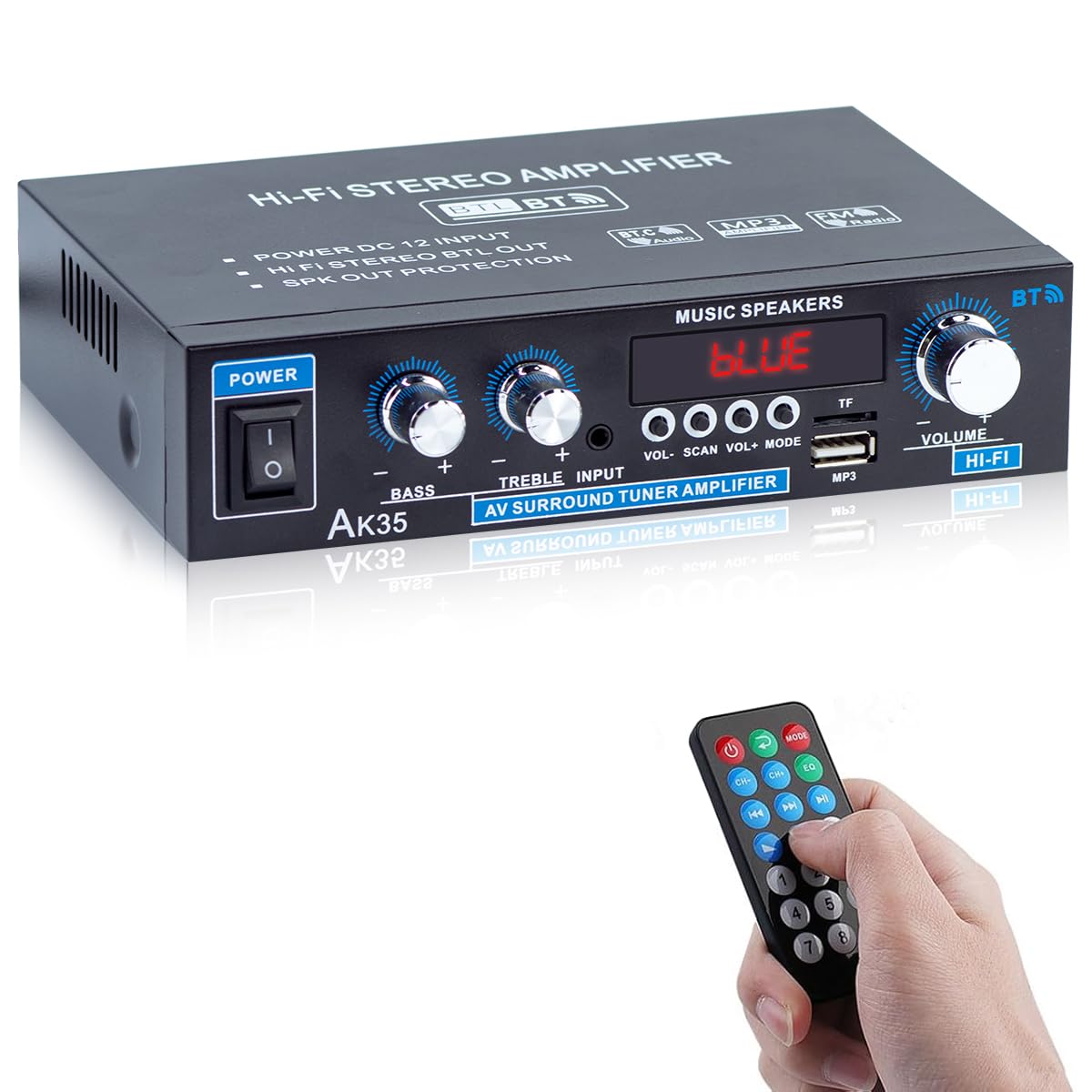 AK35 Bluetooth 5.0 Stereo Amplifier, 2.0 Channel Mini Audio Receiver, 30Wx2 Home HiFi Audio Amp with Bass/Treble Control for Hom
