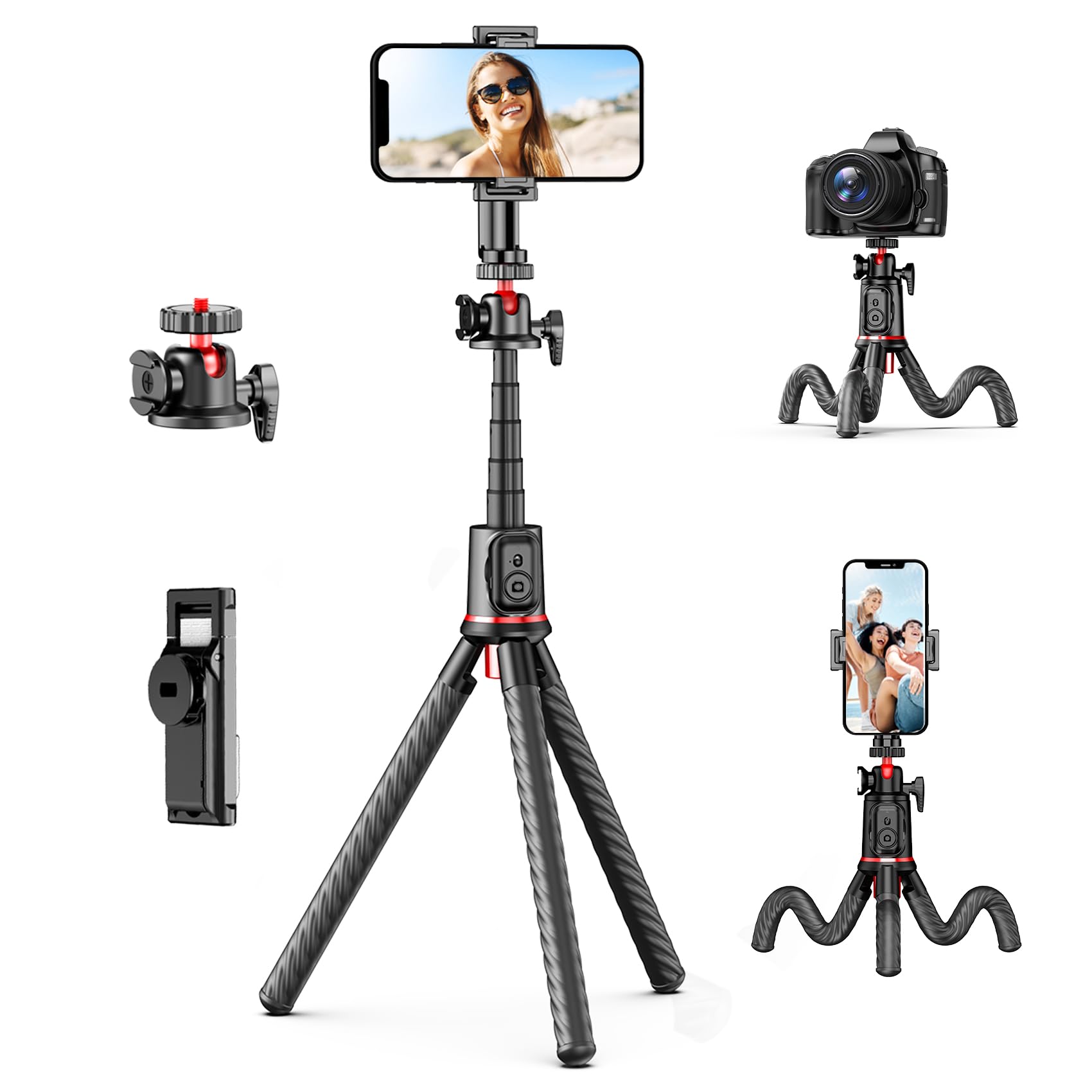 Fotopro Flexible Phone Tripod, Mini Camera Tripod with Wireless Remote Phone Holder, 360 Rotation Extendable Phone Tripod Stand 
