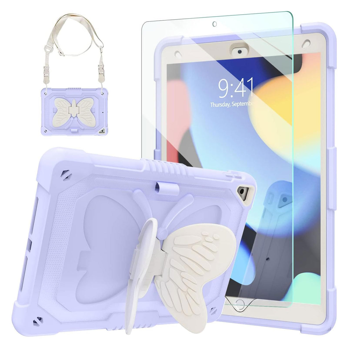 Ambison Case For Ipad 9Th/8Th/7Th Generation 10.2 Inch With Glass Screen Protector,Rugged Shockproof Protective Cover For Kids Girls Butterfly Stand,Shoulder Strap For Ipad 2021/2020/2019-Purple