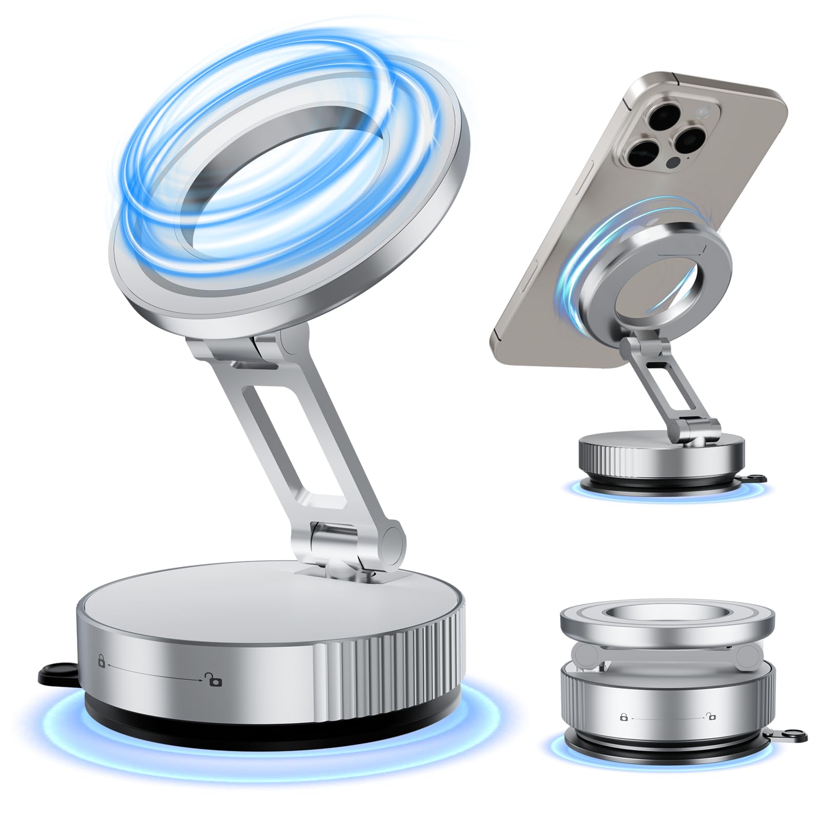 Alafly Magnetic Suction Cup Phone Mount For Magsafe, Foldable And 360 Retractable Hands-Free Vacuum Car Phone Holder For Car/Gym