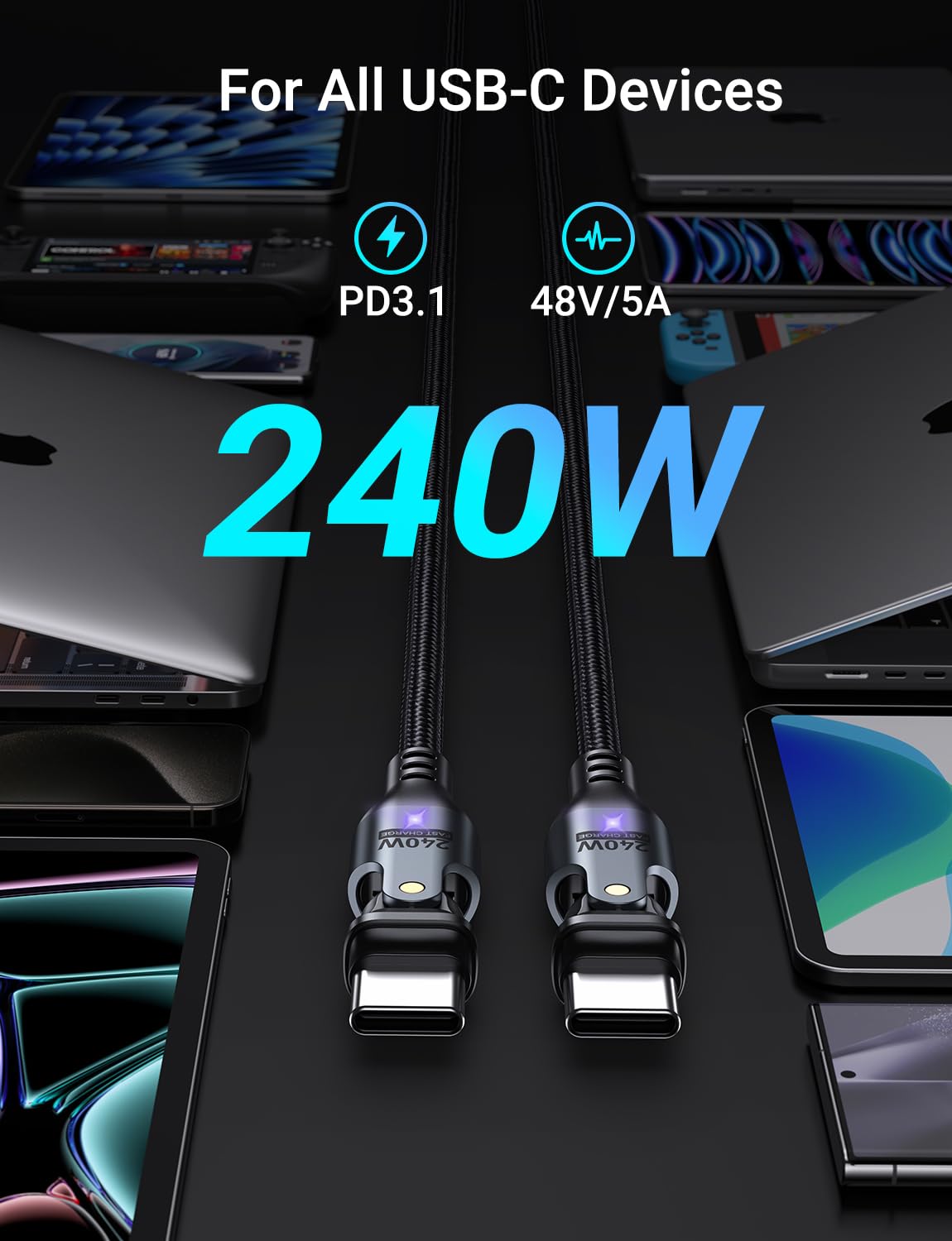 Aufu 240W Usb C To Usb C Cable 6Ft(2 Pack), Usbc To Usbc Dual Head 180� Rotation/C To C Cable/High Speed Usb C Cable/Usb C Fast Charging Cable For Phone 16/15/Ma Book/Pad Series, Samsung Galaxy Series