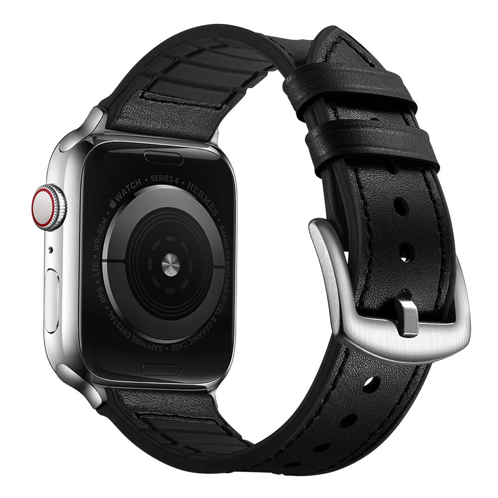 Ouheng Compatible With Apple Watch Band 42Mm 41Mm 40Mm 38Mm, Sweatproof Genuine Leather And Rubber Hybrid Band Strap For Iwatch