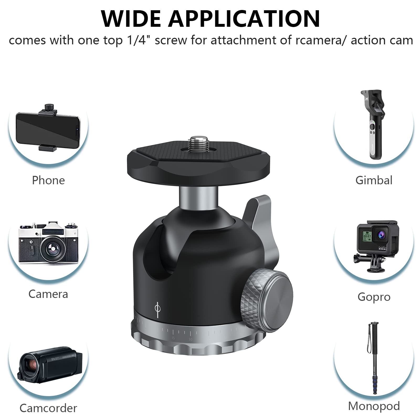 Poyinco Tripod Ball Head 360 Degree Rotating Panoramic Ballhead With 1/4 Inch Screw 3/8' Thread Mount, Max Load Up To 5 Kg/ 11Lb,For Monopod, Dslr, Phone, Gopro