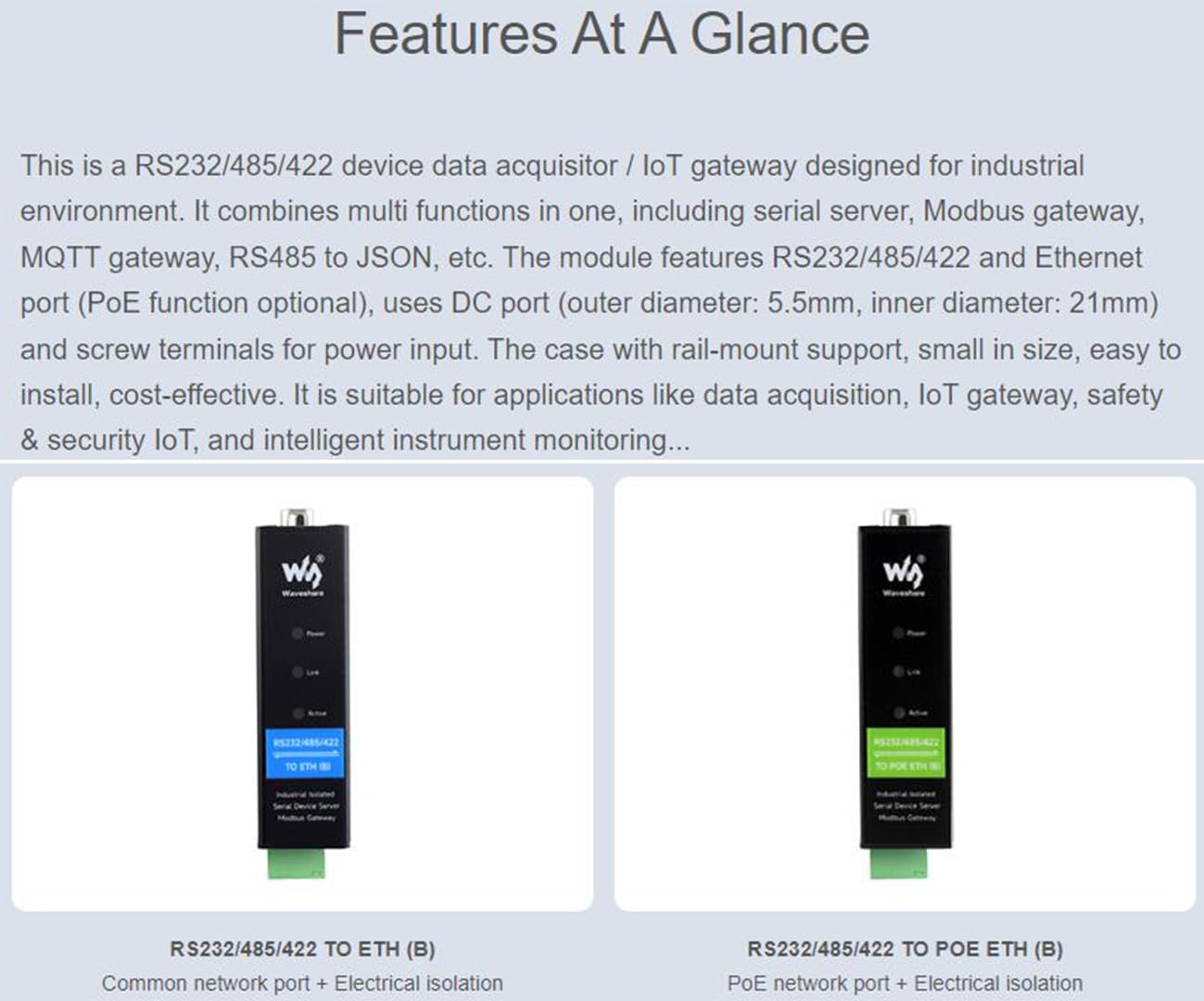 Waveshare Industrial Isolated Rail Mount Rs232/485/422 Serial Server, Rs232/485/422 To Rj45 Ethernet Module, Tcp/Ip To Serial Co