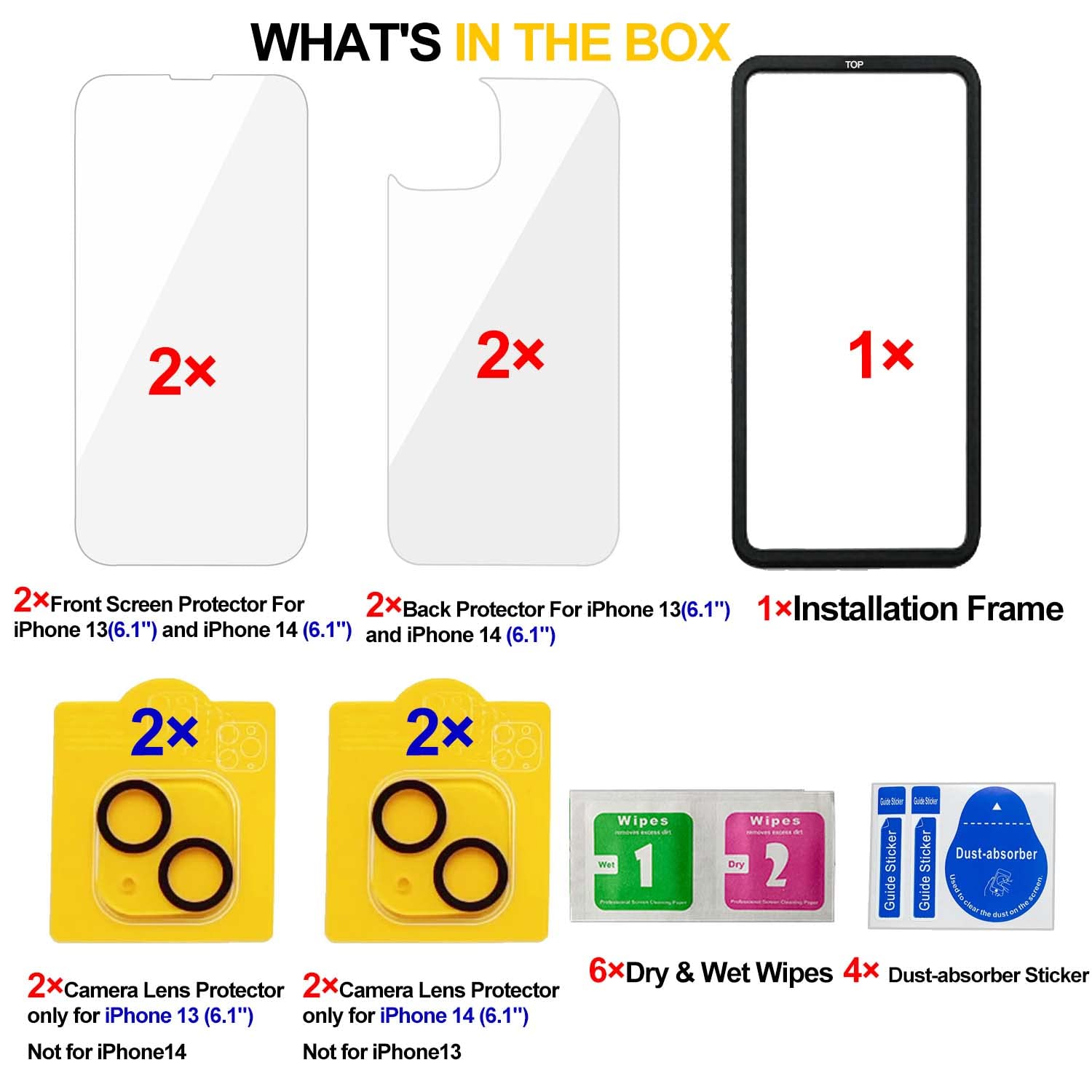 [ 2+2 +2 ] 2 Front + 2 Back For Iphone 13 Glass Screen Protector Hd Clear +2 Glass Camera Lens Protector For Iphone 13 (6.1'') W