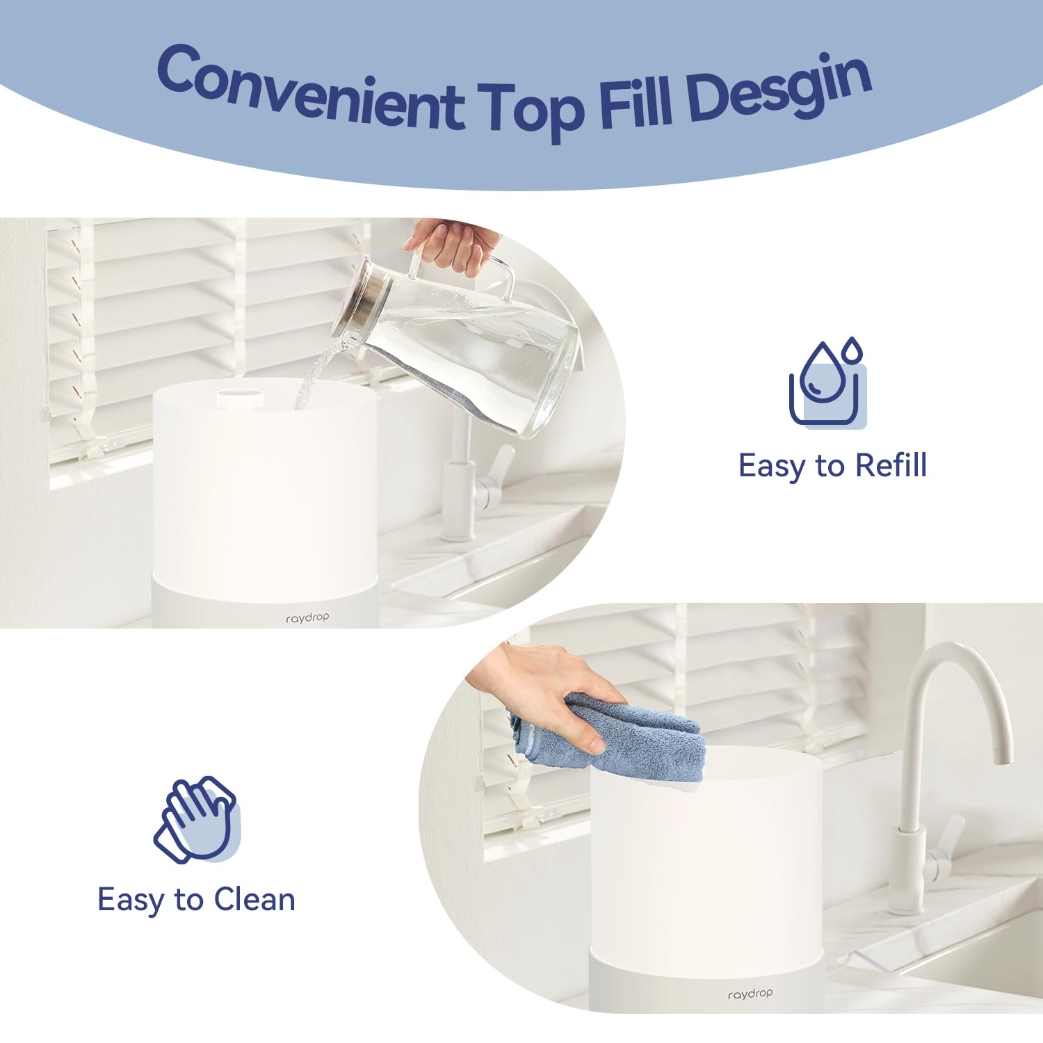 Raydrop Humidifiers For Bedroom, 3.0L Cool Mist Humidifiers For Large Room & Home, Top Fill Air Humidifier For Baby Nursery & Pl