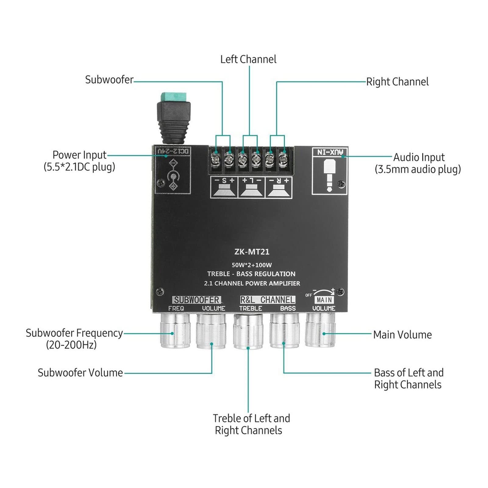 Bluetooth Amplifier Board, Dc12 24V Digital Power Amplifier Board, Zk Mt21 2.1 Channel 50W 50W 100W High Power Audio Stereo Subwoofer Amplifier Board For 15 100W 4 8O Speakers.
