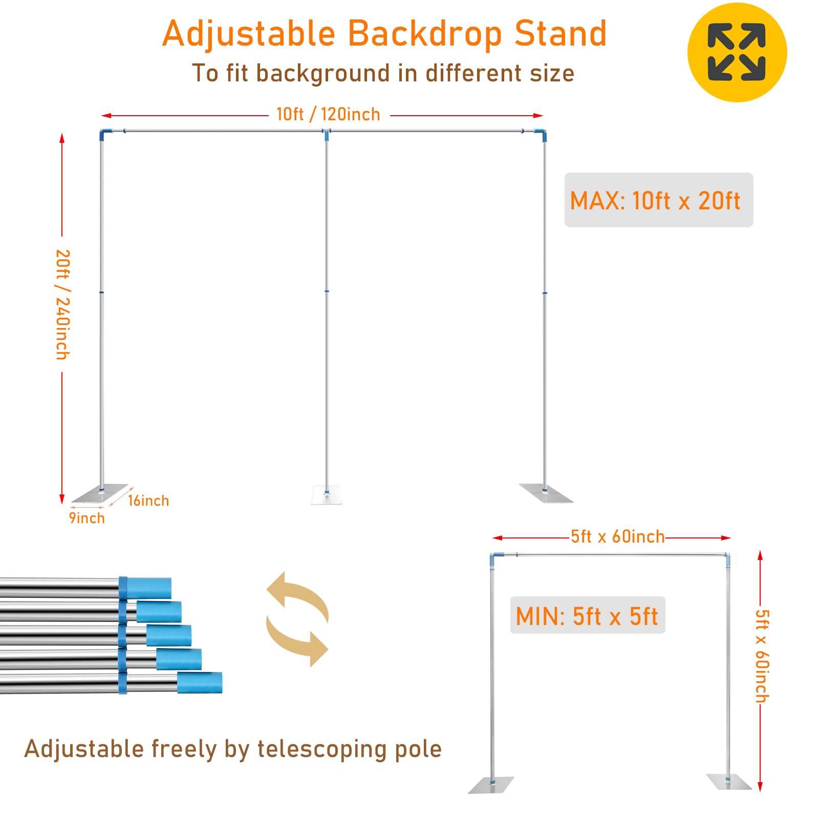 Wupyi Professional Backdrop Stand Pipe Kit,10Ft X 20Ft Heavy Duty Background Support System Curtain Frame Telescopic With Steel