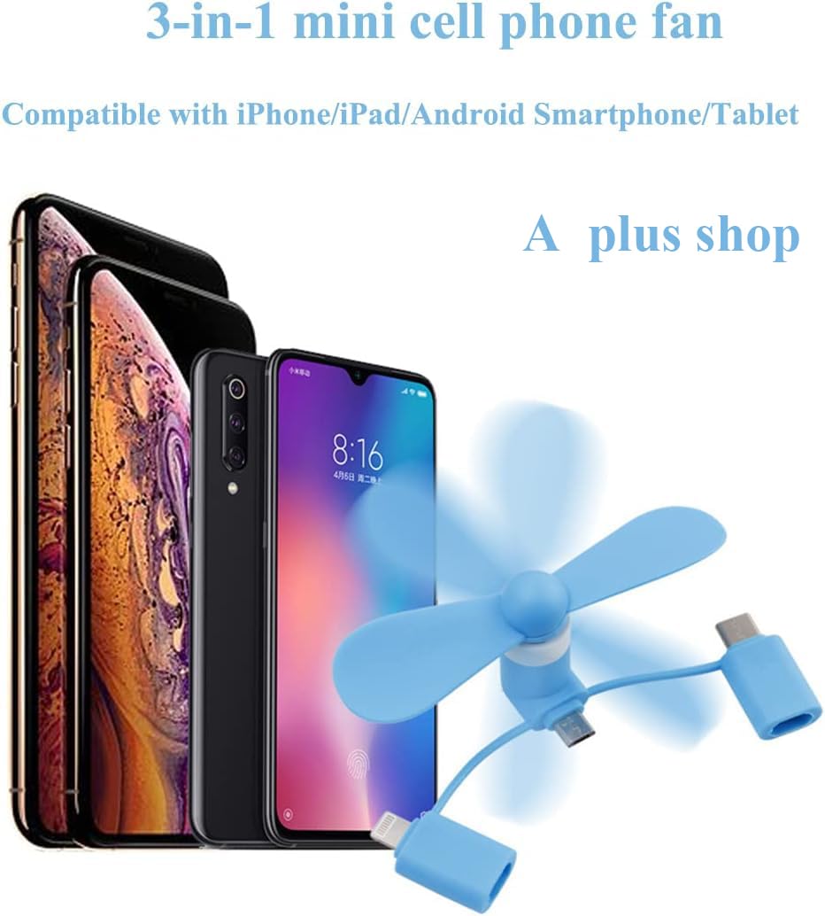 A plus Mini Cell Phone Fan 3-in-1, Colorful, Compatible with iPhone/Android, Model 5691, Fits Micro USB/Type C/Lightning, 6-Pack