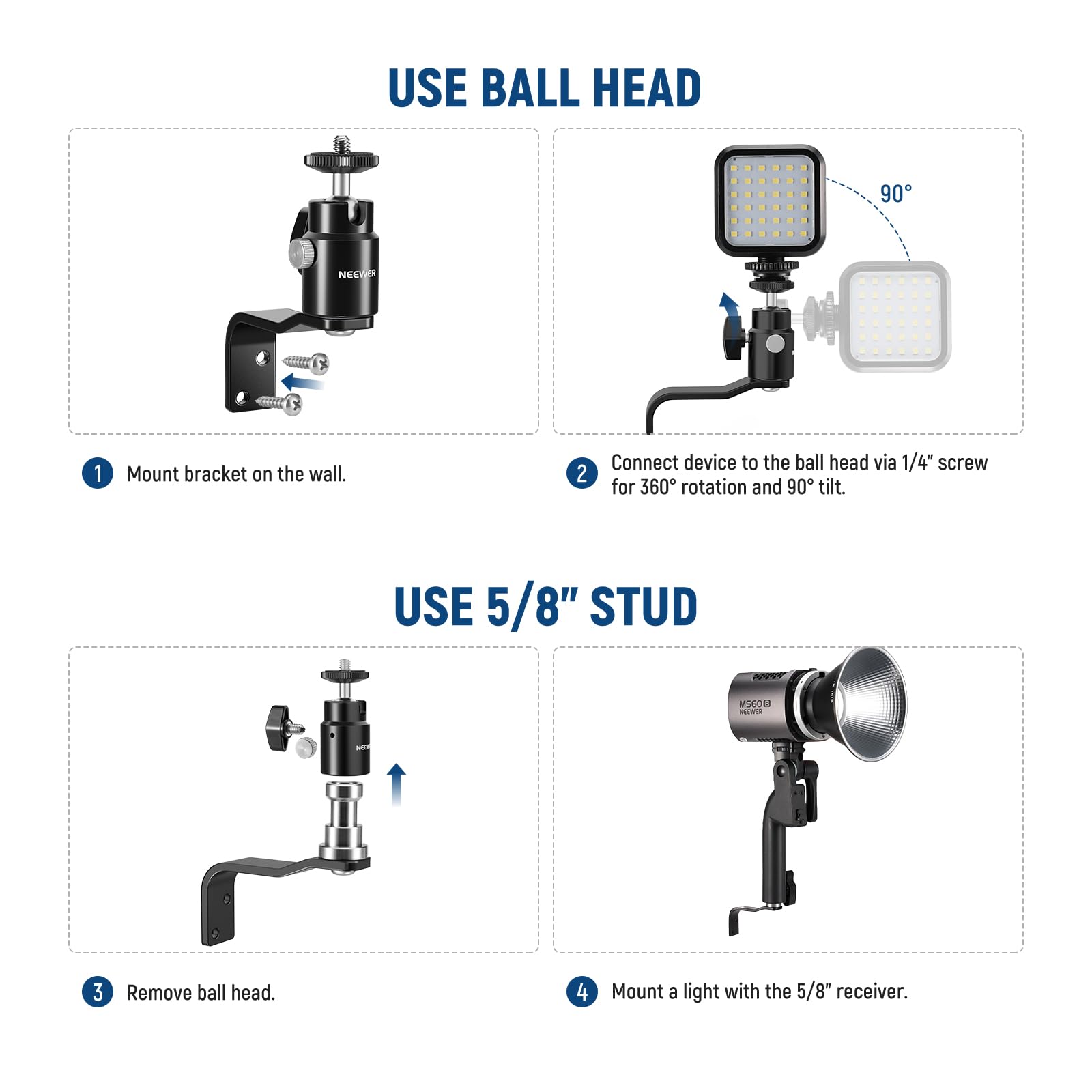 Neewer 2 Pack E Type Wall Ceiling Mount, Ring Light Wall Mount Bracket With Detachable Ball Head, 5/8'' Stud, 1/4'' Screw For Fl