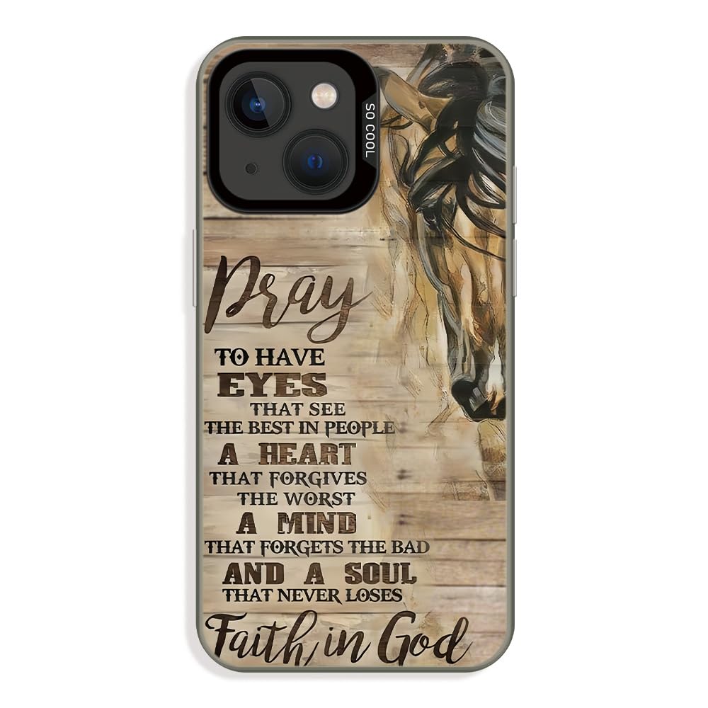 Wesbdn Horse Wood Grain Phone Case Compatible With Iphone 15 Plus & Iphone 14 Plus - Faith In God - Non-Drop Cover - Shockproof 
