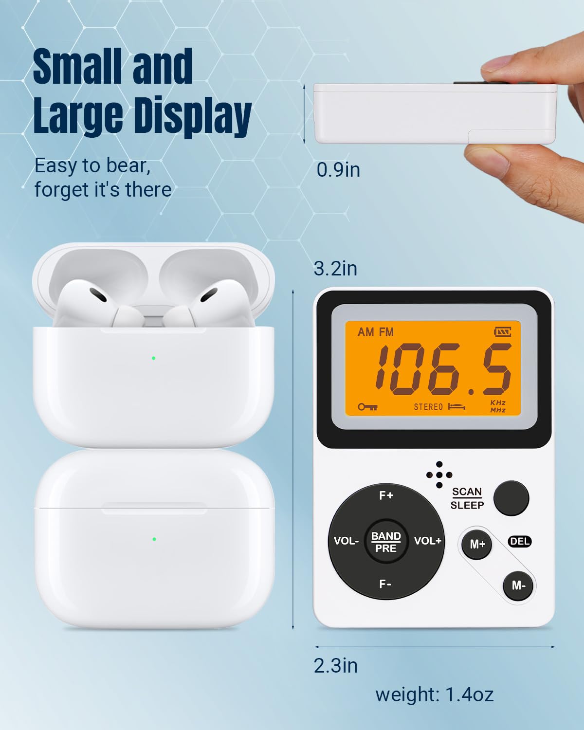 Prunus J-159 Pocket Am Fm Radio Portable With Stereo Earphone, Battery Operated Radio By 2 Aaa, Manual Preset, Large Screen, Loc