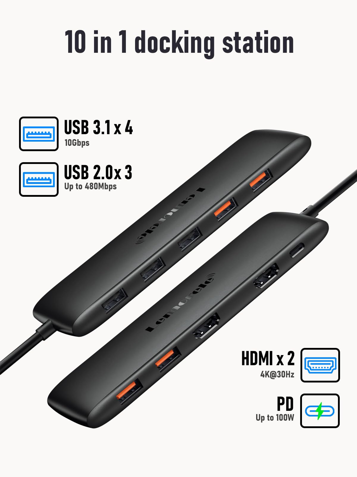Lemorele 10  In 1 Usb C Docking Station For Laptop Dell Mac Hp Lenovo, 10Gbps Usb C Hub With 2 Hdmi, 4*Usb 3.1 10Gbps Data Port,