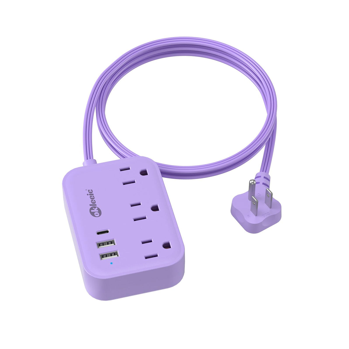 Purple Extension Cord With 3 Outlets & 3 Usb(1 Usb C), Cute Small Extension Cord 5Ft, Travel Power Strip Flat Plug With Usb Char