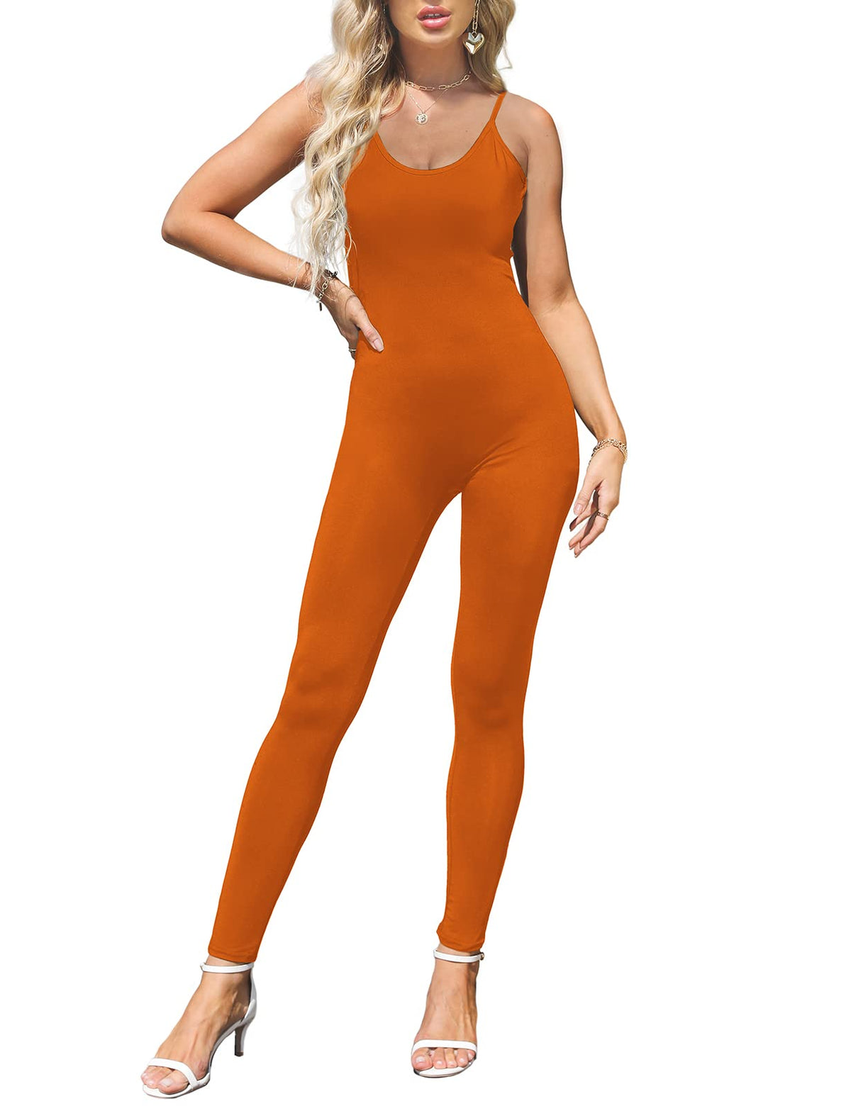 Amilia Womens Spaghetti Strap Bodycon Tank One Piece Jumpsuits Rompers Playsuit (M, Reddish Orange)