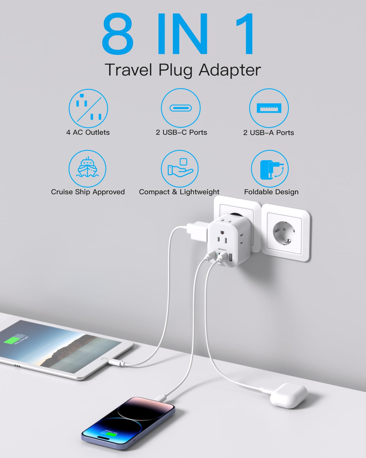 European Travel Plug Adapter, Foldable International Power Adapter, Type C Plug Adapter With 4 Outlets 4 Usb Ports (2 Usb C) For