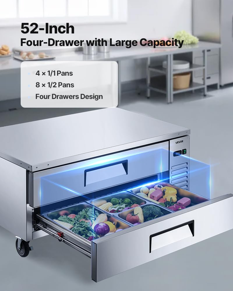 Vevor Chef Base Refrigerator, 52 W Commercial Chef Bases Worktop Refrigerators, 2-Drawer Under Counter Fridge With 8 Pans Stainl