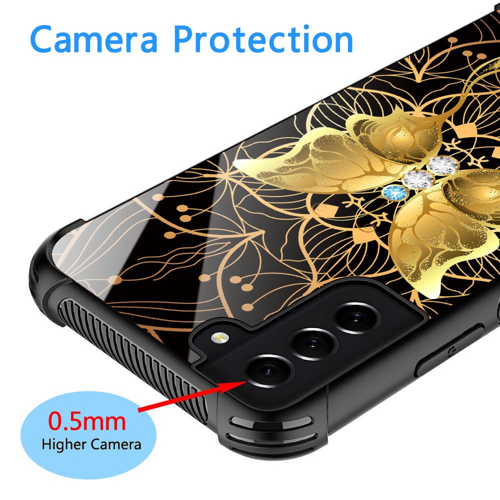 ZHEGAILIAN Samsung Galaxy S21 FE 5G Phone Case Anti-Scratch Shockproof TPU Organic Glass Golden Diamond Butterfly