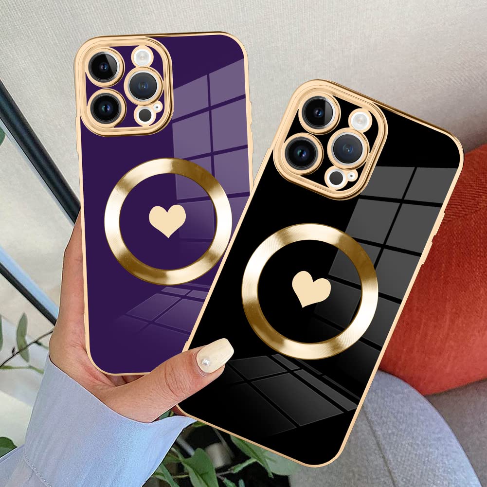 Tharlet Magnetic For Iphone 15 Pro Max Case [Compatible With Magsafe] Cute Love Luxury Plating Edge Bumper Case With Full Camera