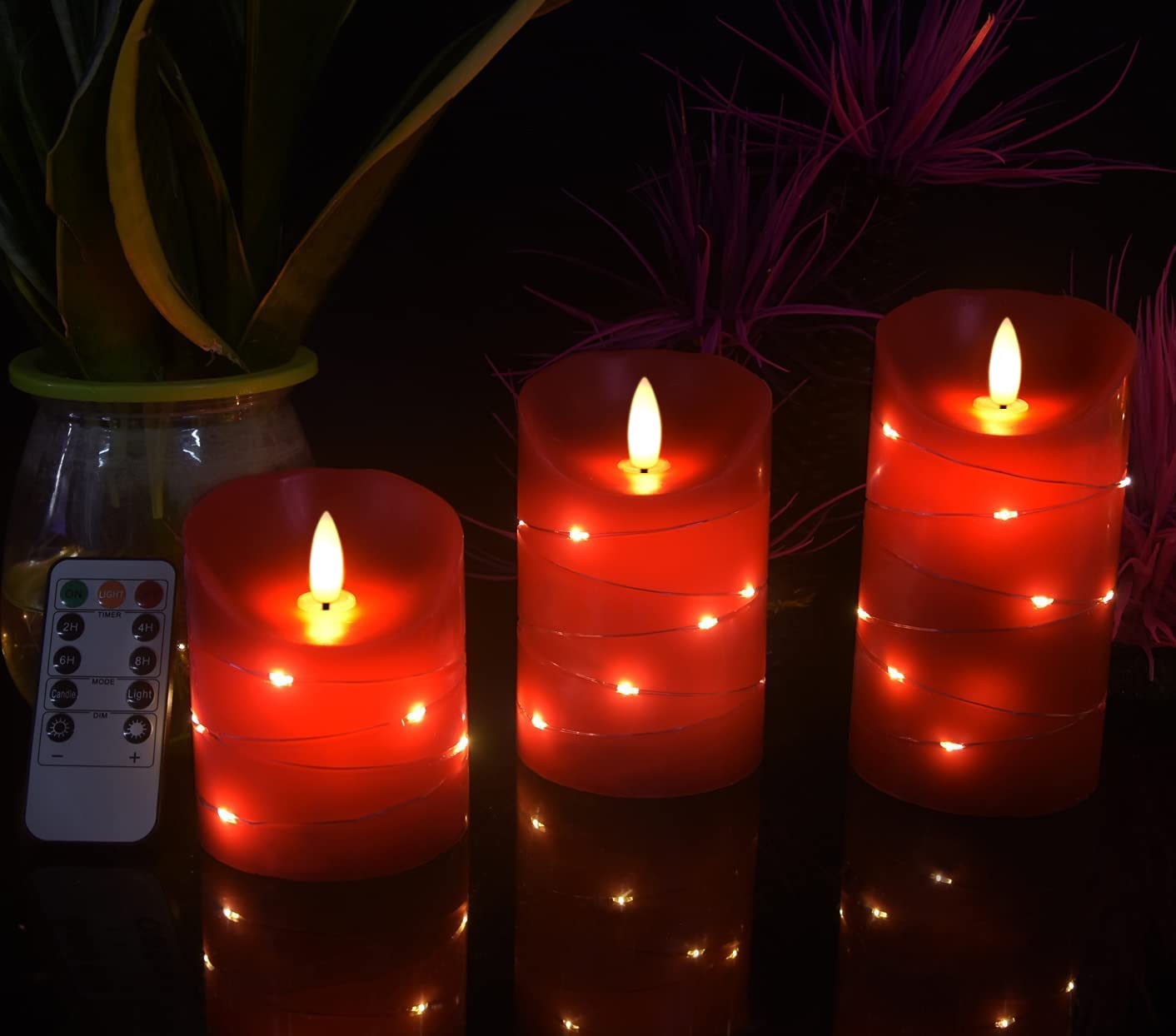 Danip Red Led Flameless Candle With Embedded Star String, 3 Piece Set Of Led Candles, With 11 Button Remote Control, 24 Hour Tim