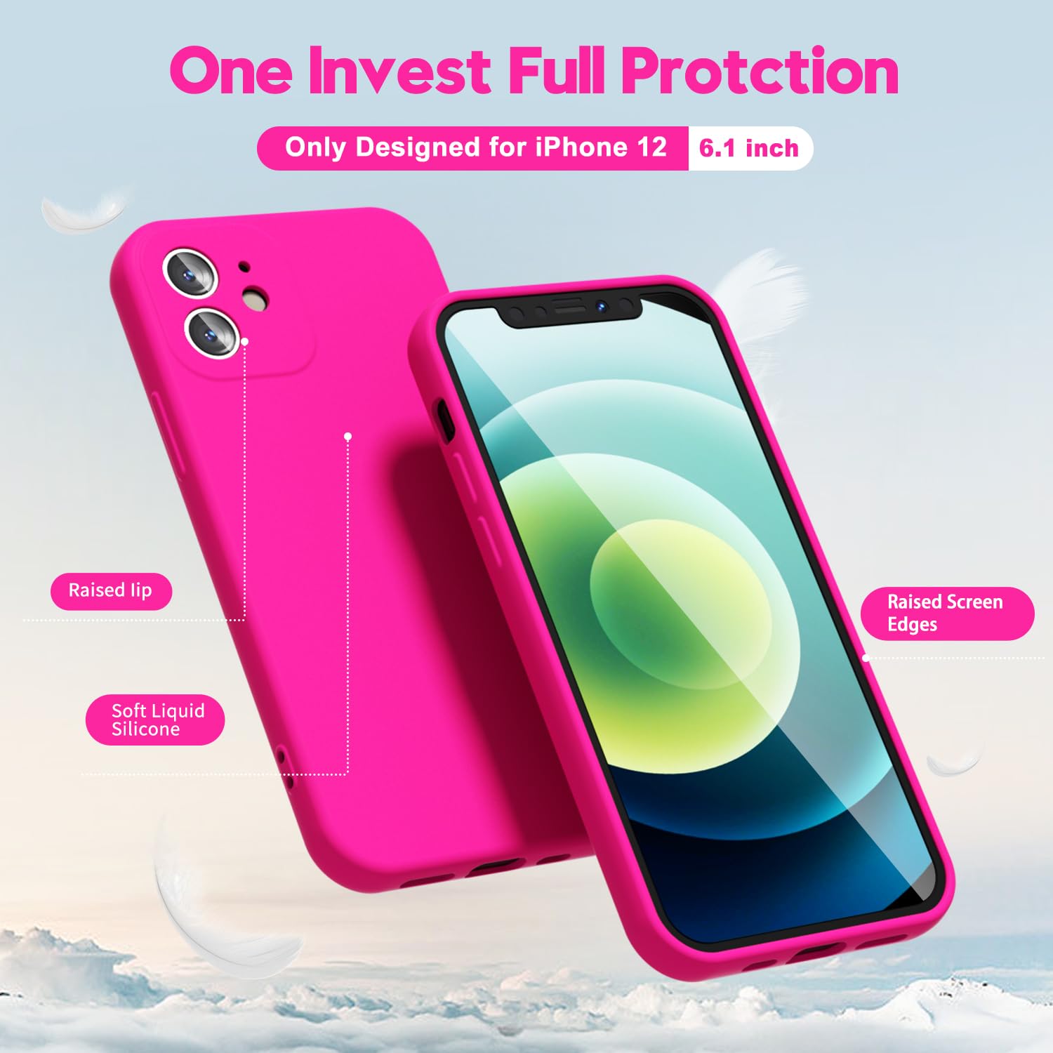 Oakxco For Iphone 12 Case Liquid Silicone, Neon Bright Solid Color, Soft Rubber Gel Elegant Aesthetic Cover, Thin Slim Tpu Matte