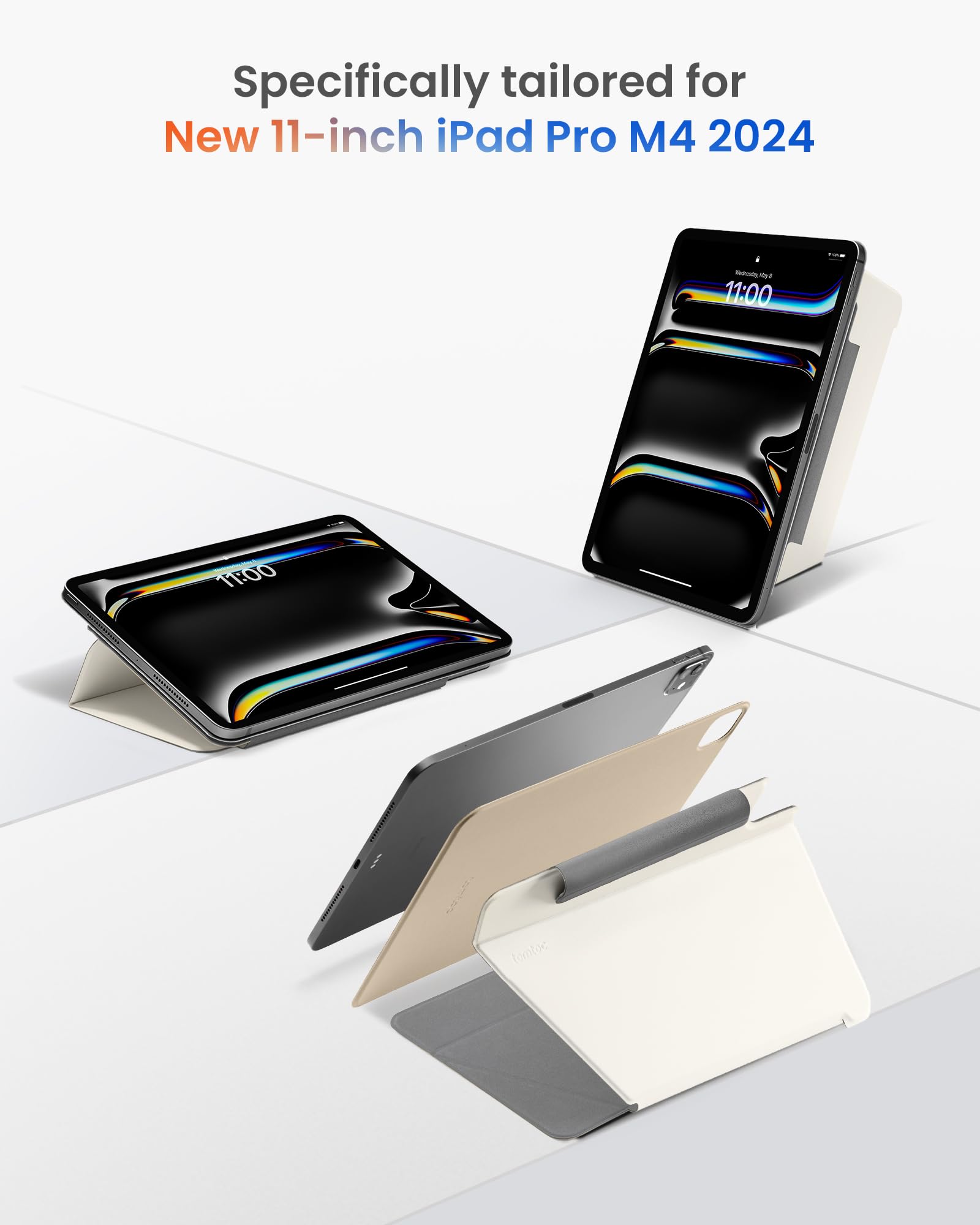 Tomtoc Ipad Pro Detachable Folio Case For 2024 New 11 Inch Ipad Pro M4 Only, Separable Slim Protective Panel & 4 Modes With Ultra Light Fiberglass Material, Support Apple Pencil Pro & Auto Wake/Sleep