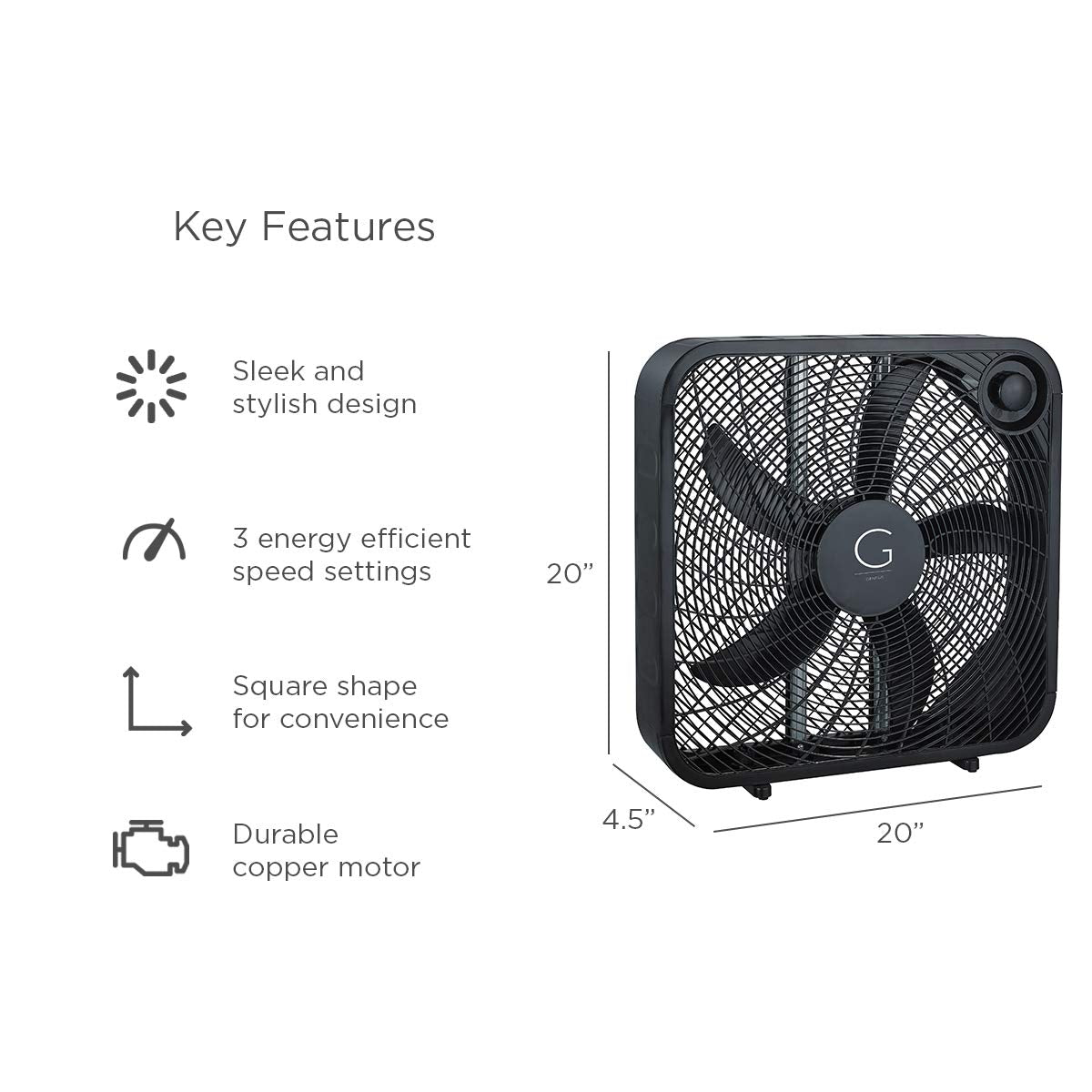 Genesis 20'' Box Fan, 3 Settings, Max Cooling Technology, Carry Handle, Black (G20Box Blk)