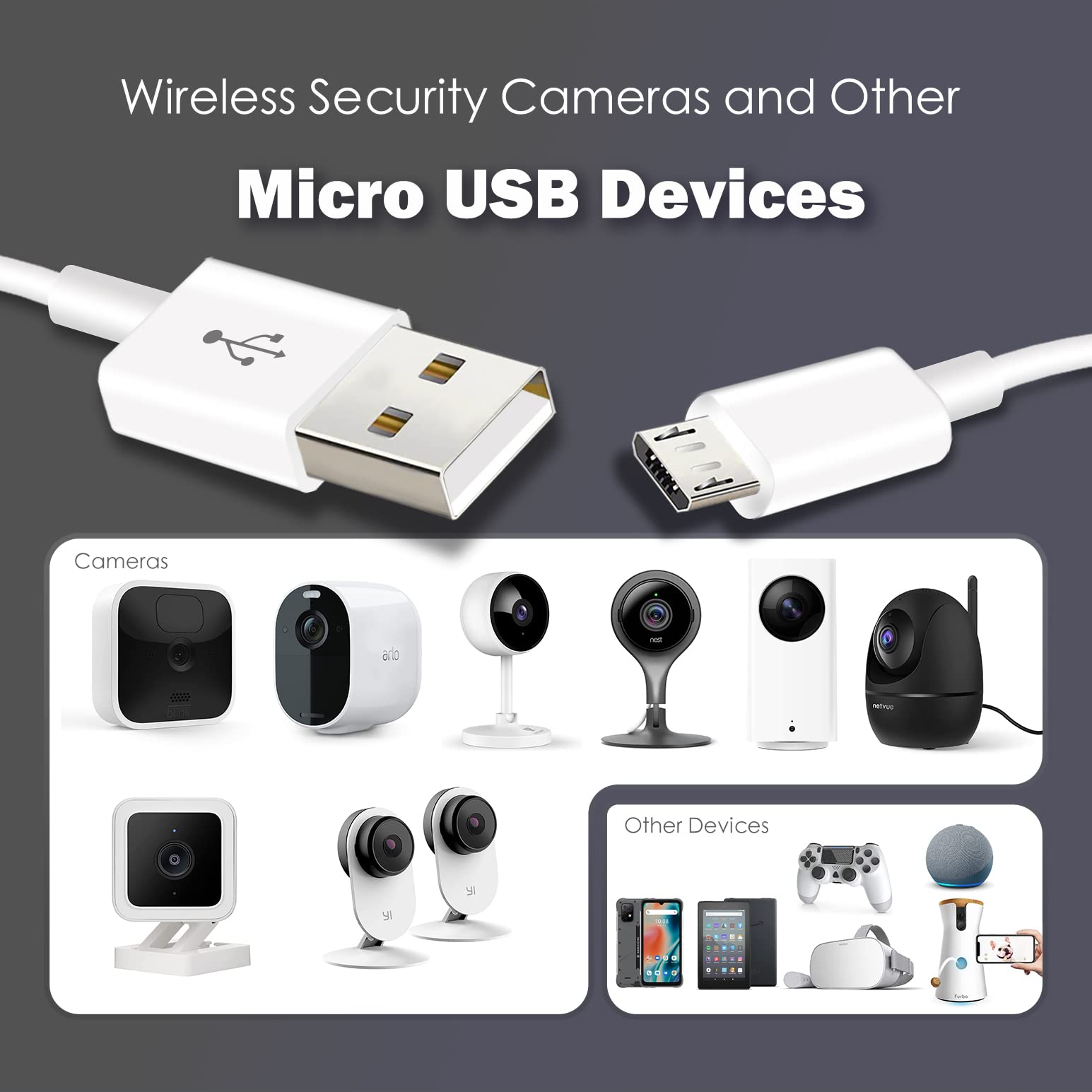 33Ft 10M Power Extension Cable For Wyze Cam,Yi Camera Nest Cam Blink Netvue Kasa Cam Cloud Camera Furbo Dog Arlo Q Usb To Micro